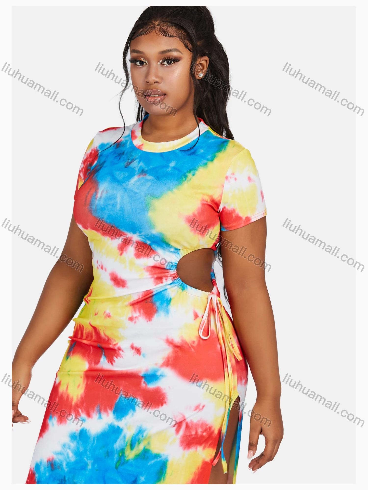 Wholesale Women's Fashion Round Neck Short Sleeve Cut Out Tie Dye Maxi Dress - Liuhuamall
