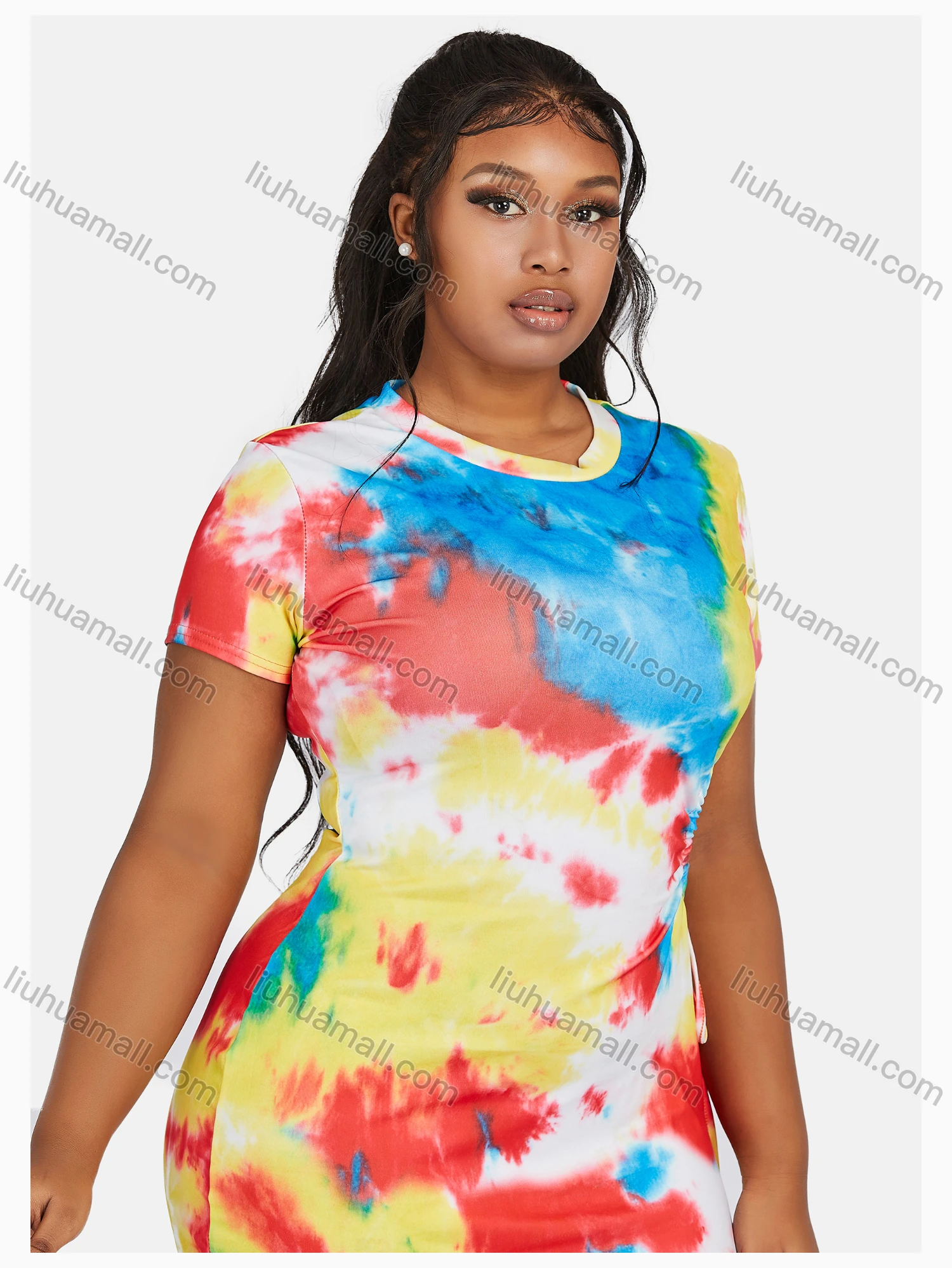 Wholesale Women's Fashion Round Neck Short Sleeve Cut Out Tie Dye Maxi Dress - Liuhuamall