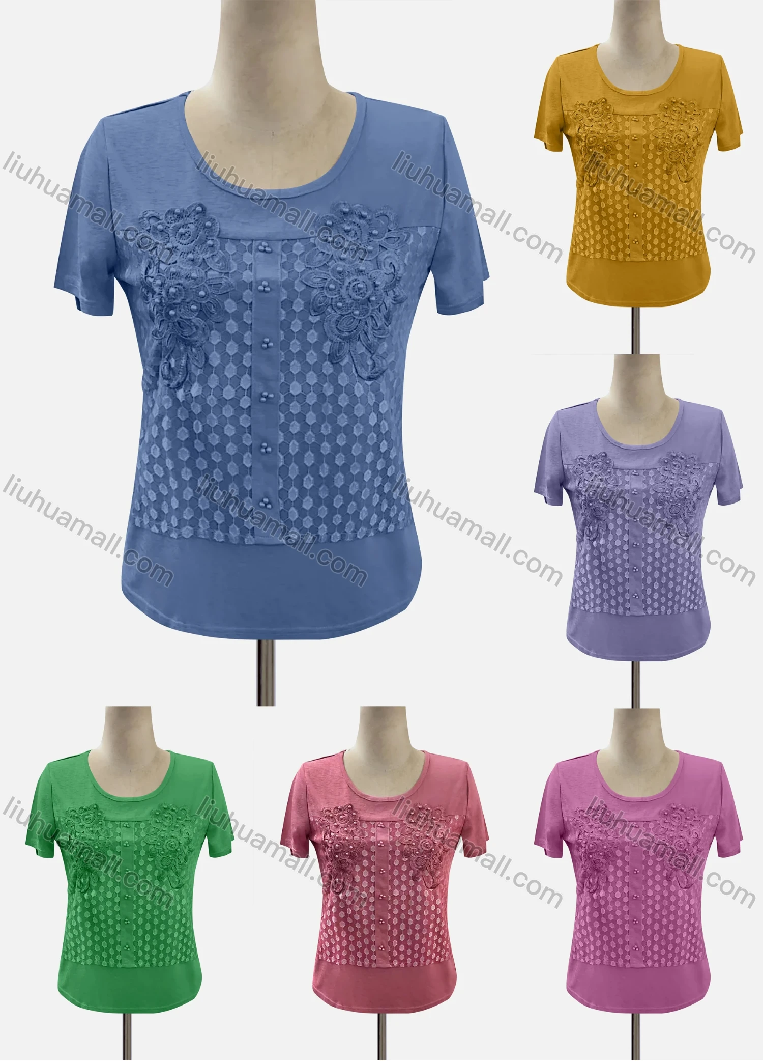 Wholesale Women's Casual Crew Neck Appliques Beaded Blouse - Liuhuamall