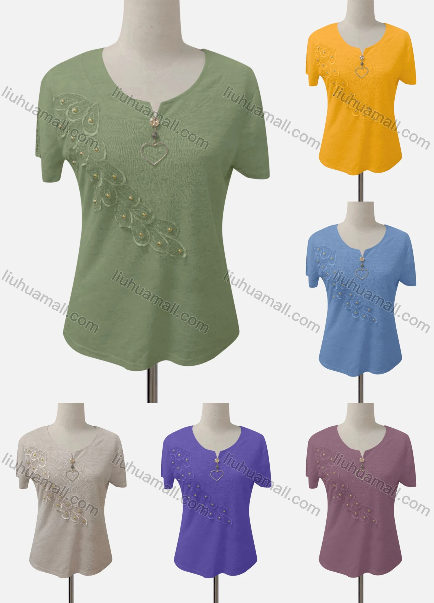 Wholesale Women's Casual Notched Neck Appliques Beaded Blouse - Liuhuamall