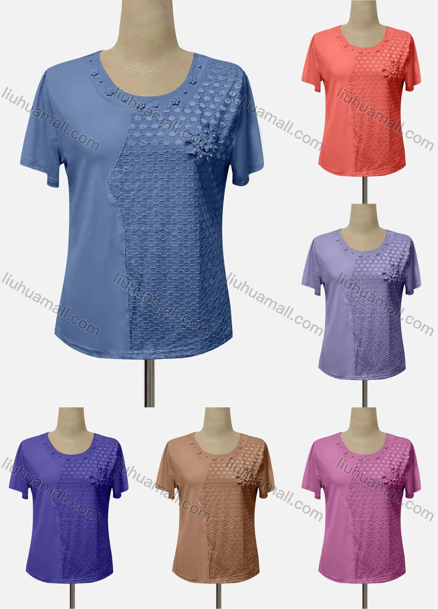 Wholesale Women's Casual Crew Neck Appliques Beaded Blouse - Liuhuamall