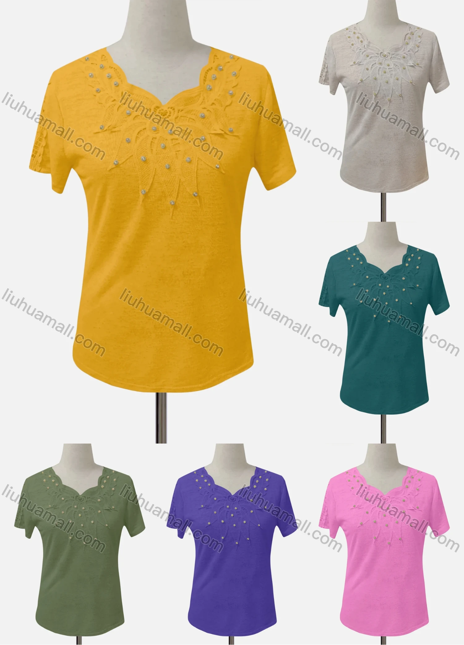 Wholesale Women's Casual Crew Neck Appliques Beaded Blouse - Liuhuamall