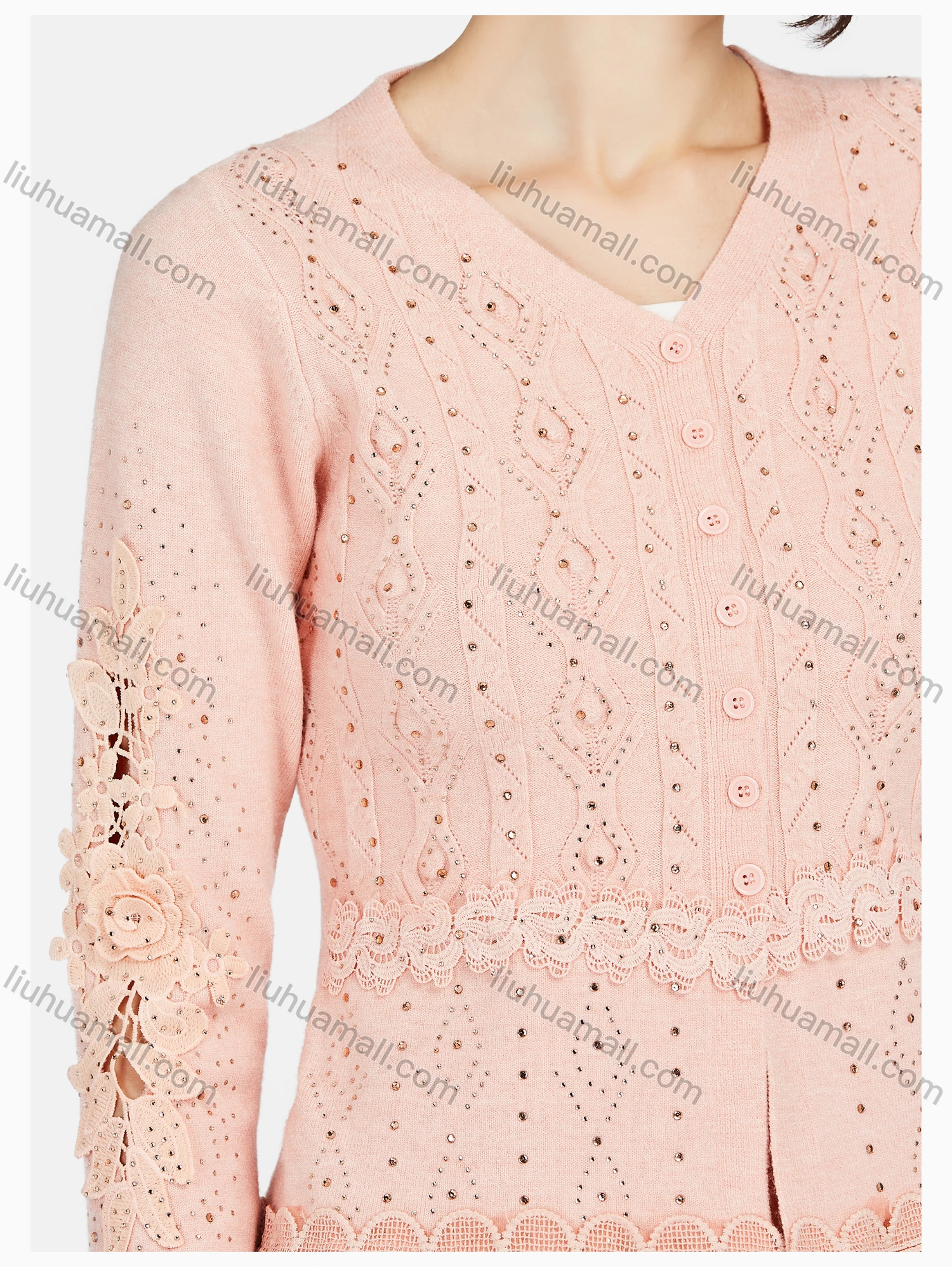 Wholesale Women's Casual Long Long Sleeve Rhinestone Button Front Knit Cardigan - Liuhuamall