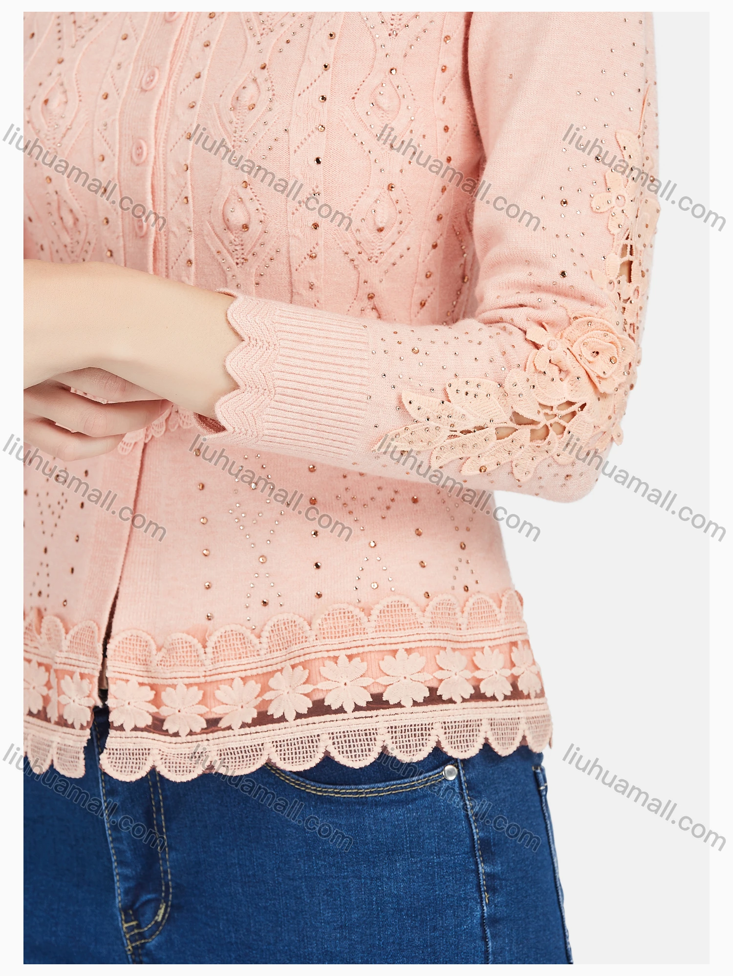 Wholesale Women's Casual Long Long Sleeve Rhinestone Button Front Knit Cardigan - Liuhuamall