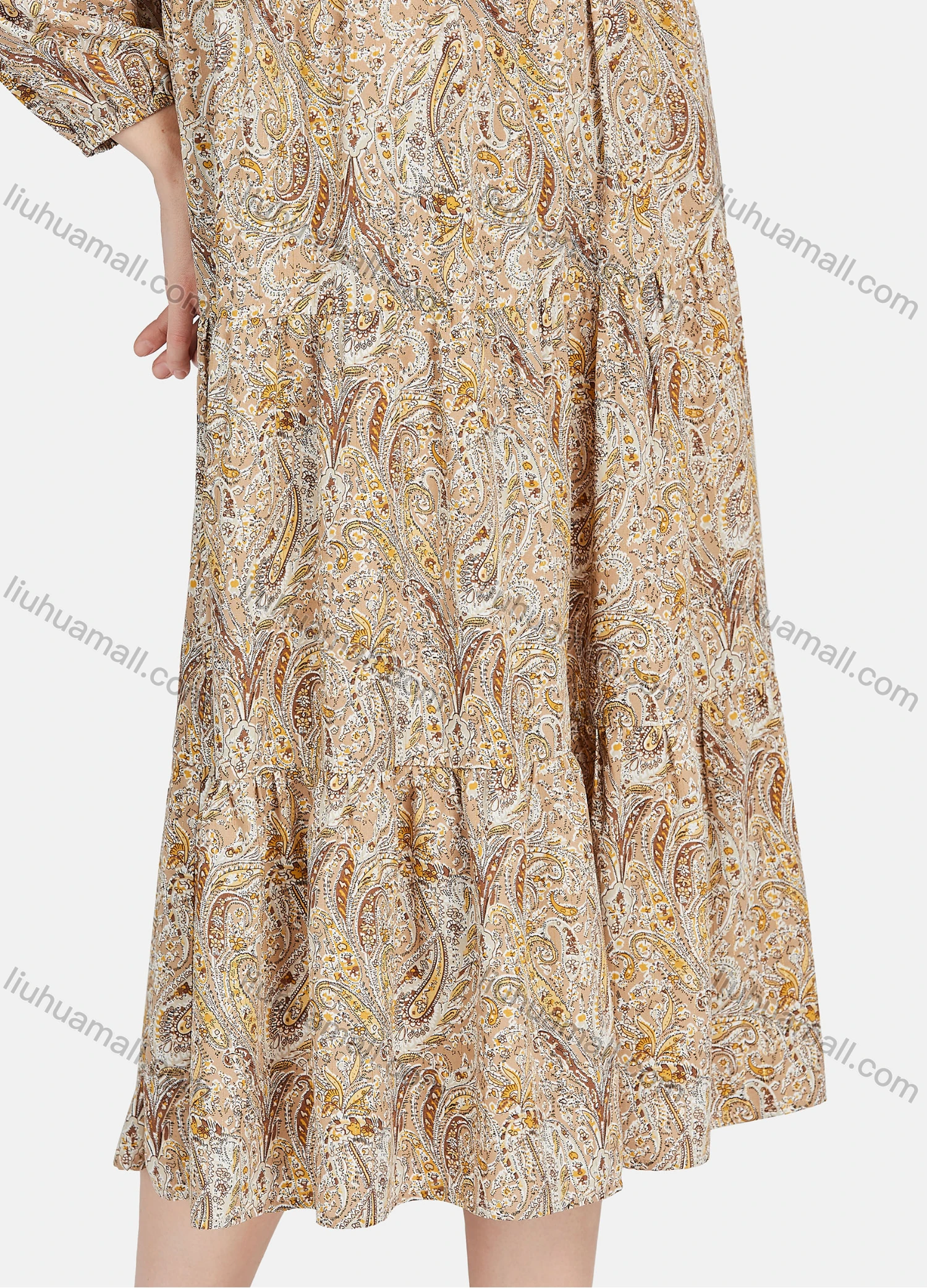 Wholesale Women's Casual Paisley Print Button Front Long Sleeve Ruffle Hem Midi Dress - Liuhuamall