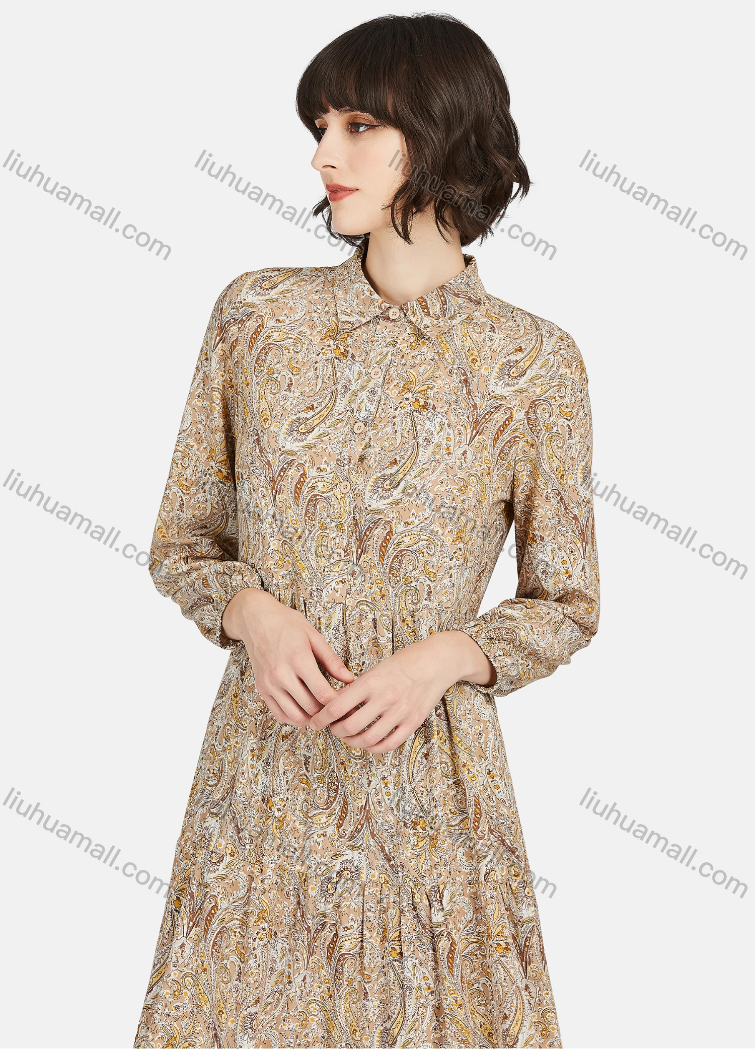 Wholesale Women's Casual Paisley Print Button Front Long Sleeve Ruffle Hem Midi Dress - Liuhuamall