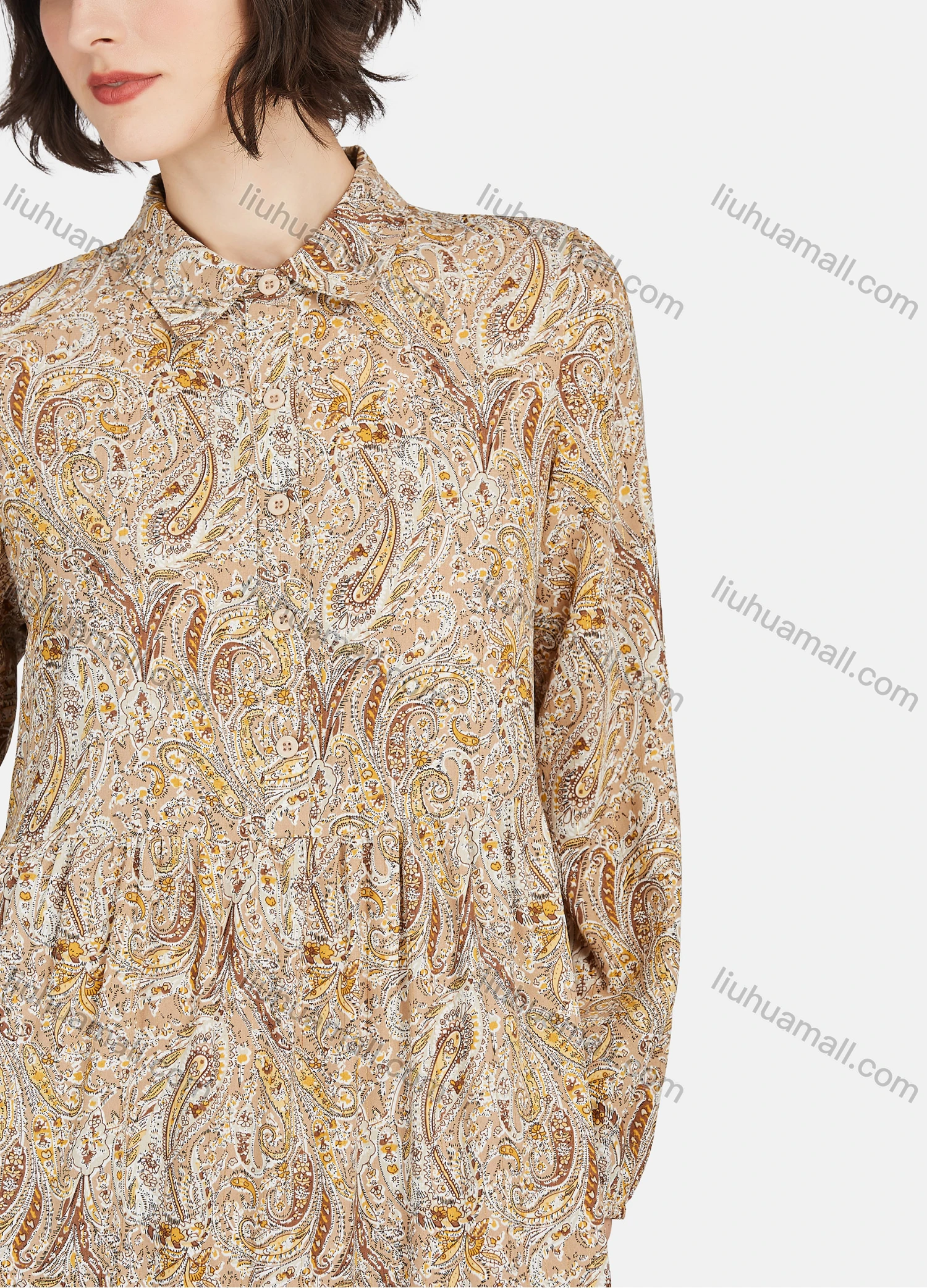 Wholesale Women's Casual Paisley Print Button Front Long Sleeve Ruffle Hem Midi Dress - Liuhuamall