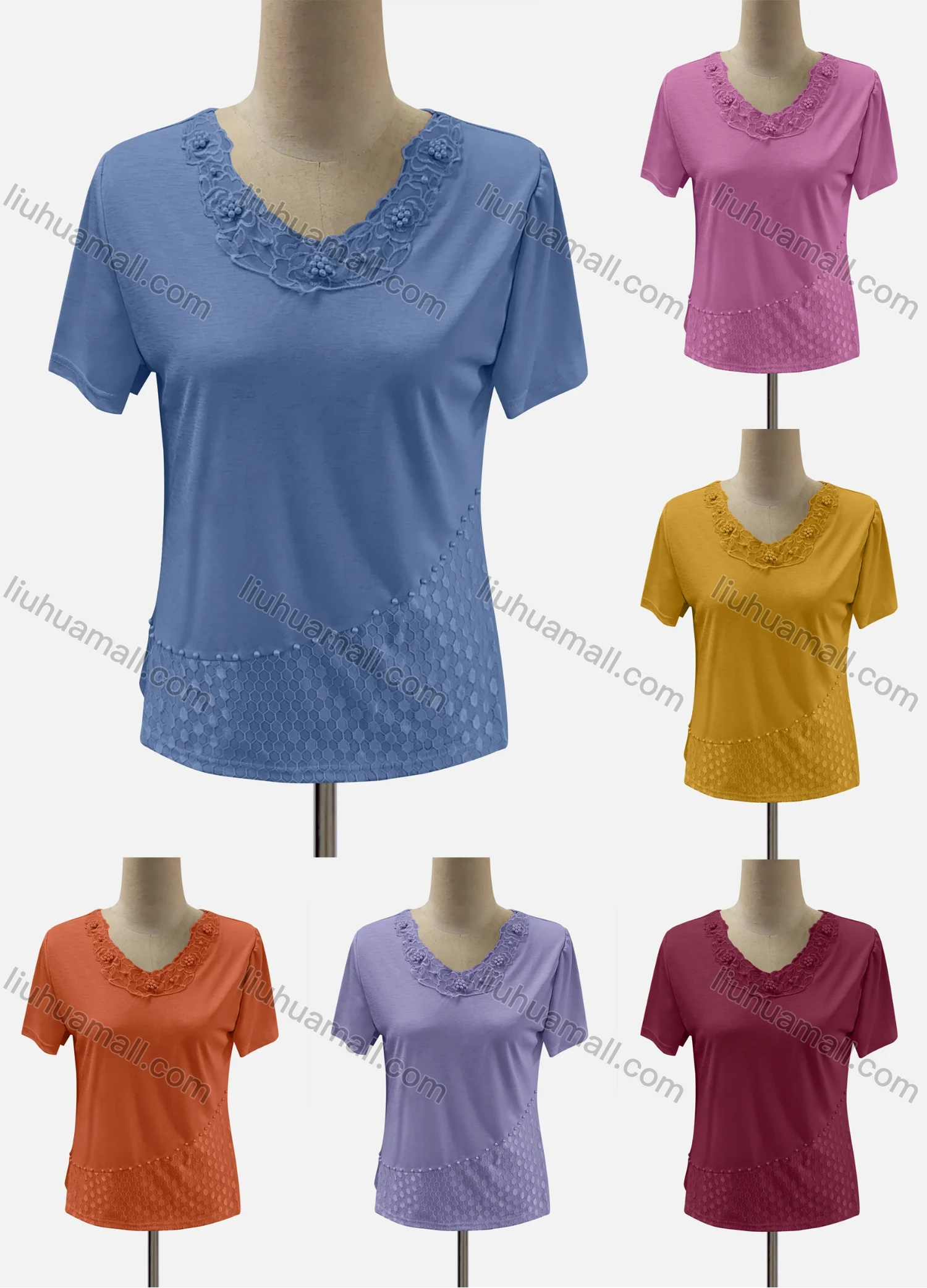 Wholesale Women's Casual Crew Neck Short Sleeve Lace Trim Beaded Blouse - Liuhuamall