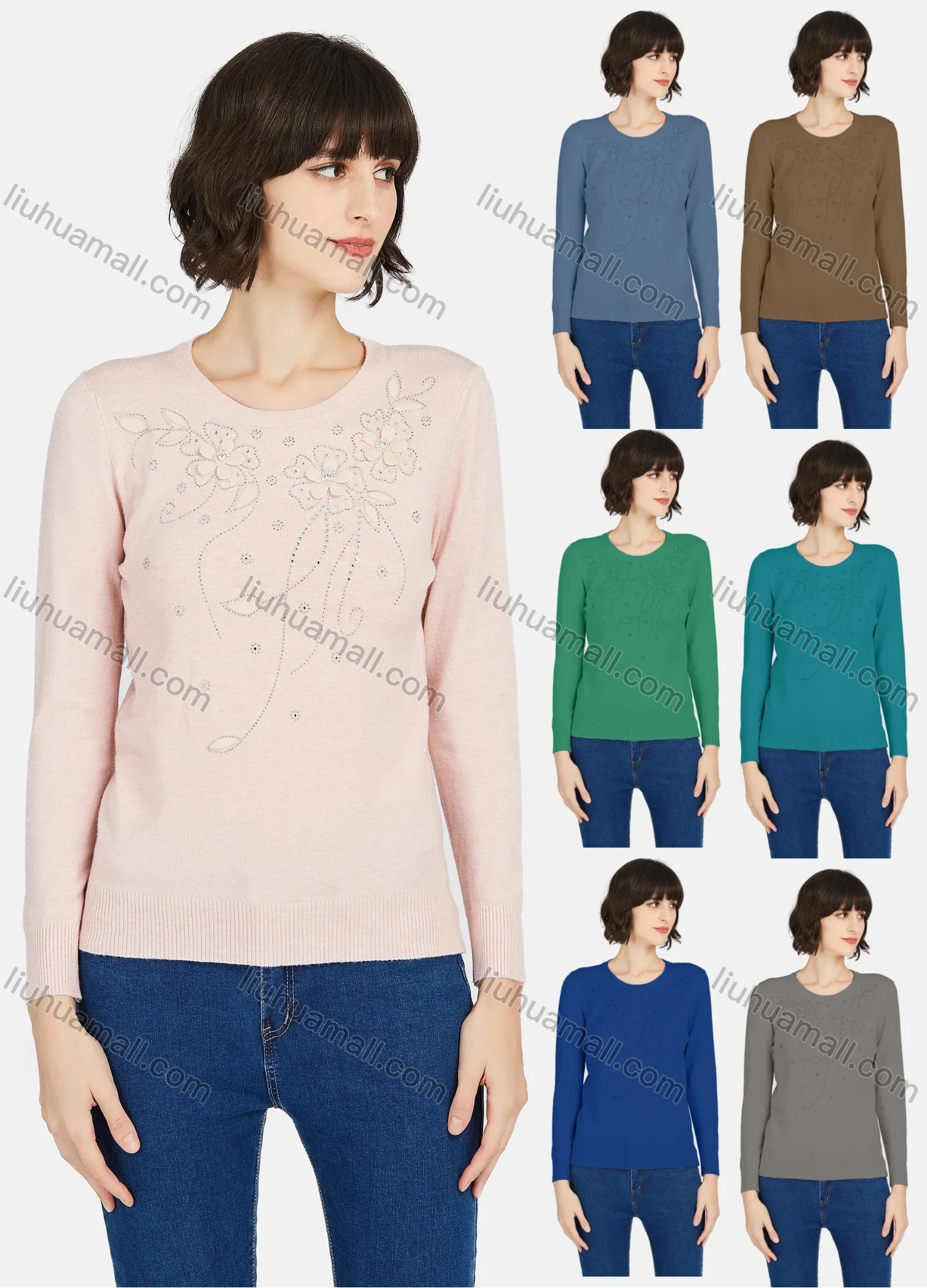 Wholesale Women's Casual Round Neck Long Sleeve Rhinestone Plain Knit Sweater - Liuhuamall