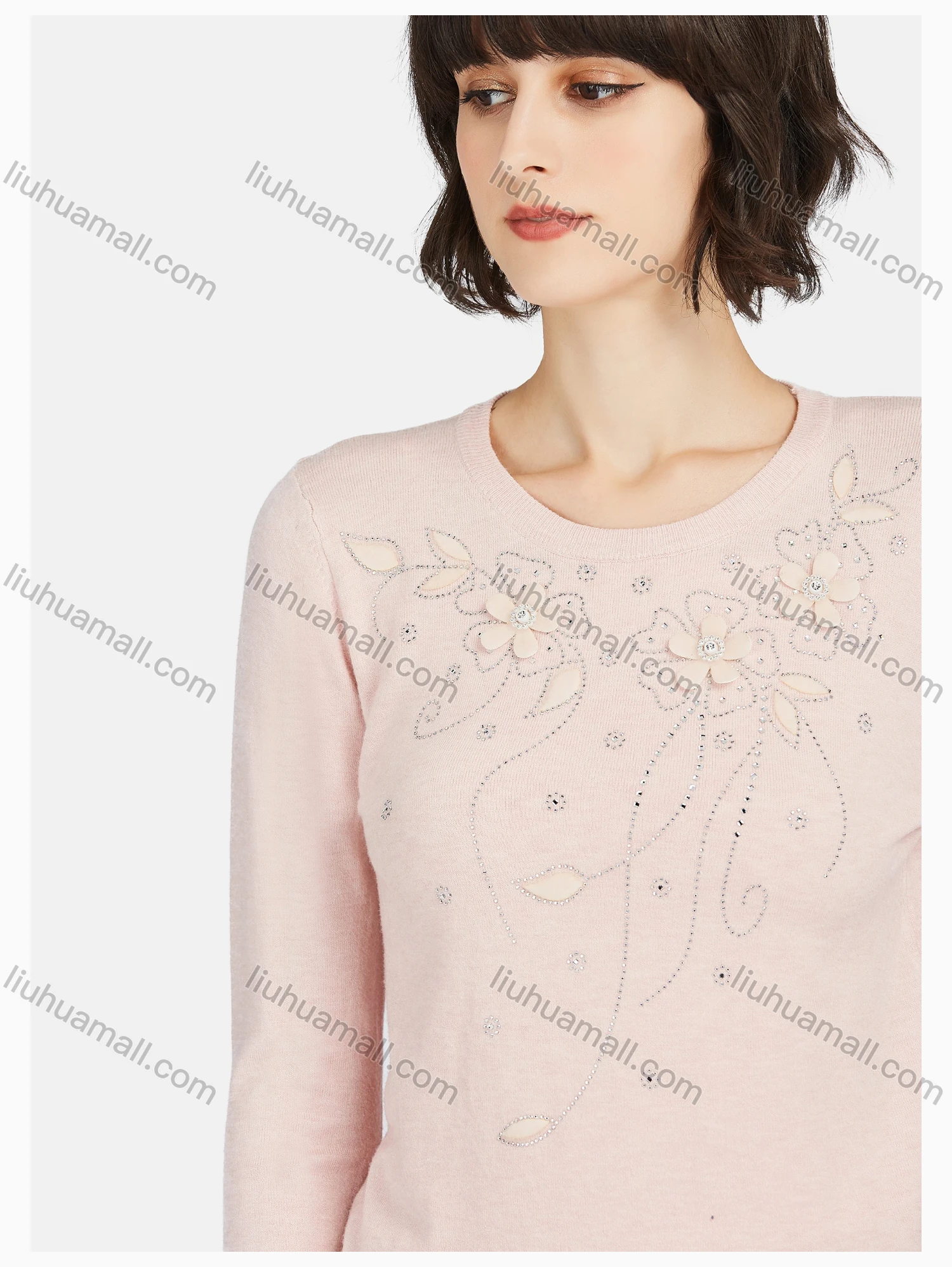 Wholesale Women's Casual Round Neck Long Sleeve Rhinestone Plain Knit Sweater - Liuhuamall