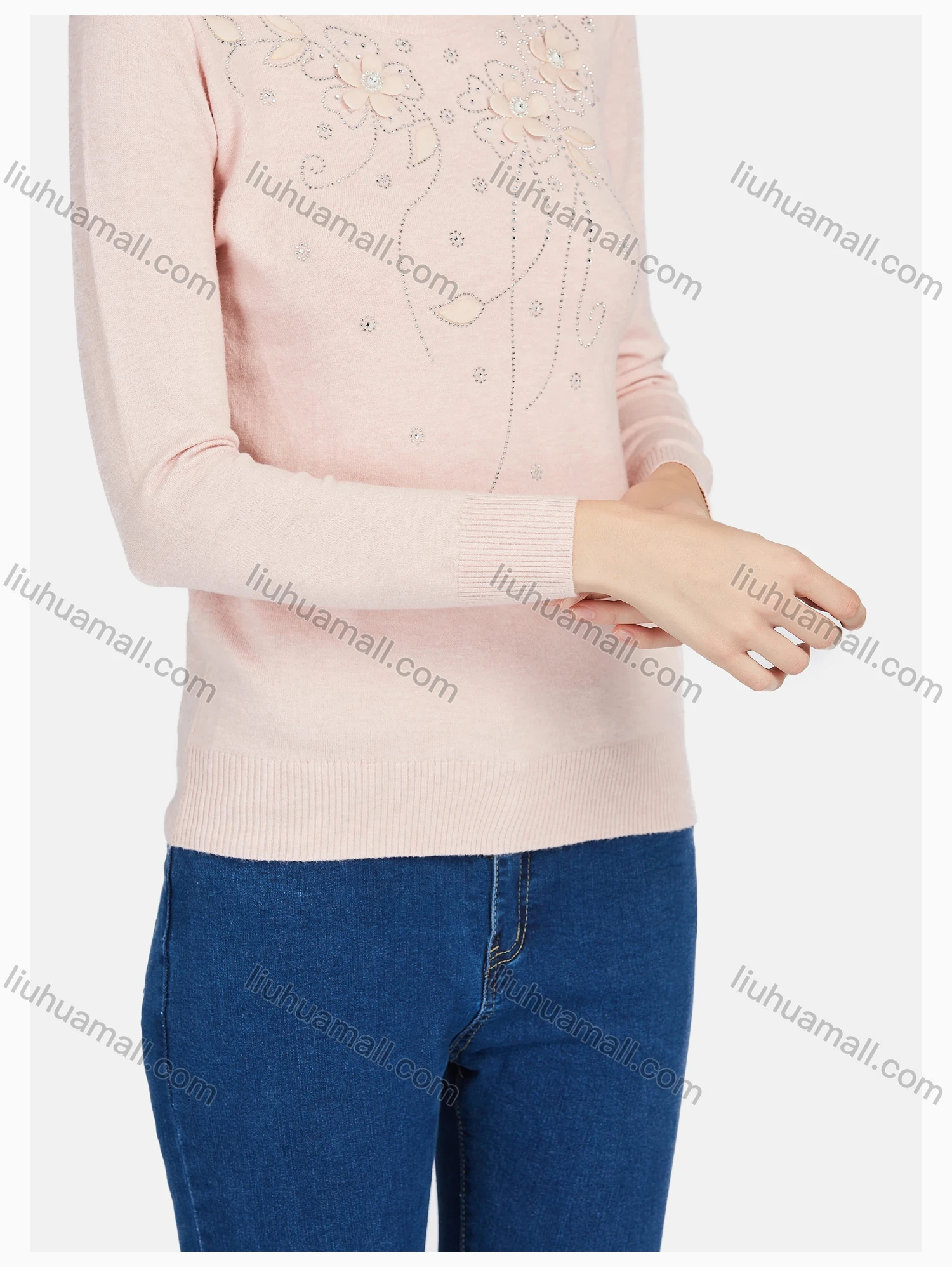 Wholesale Women's Casual Round Neck Long Sleeve Rhinestone Plain Knit Sweater - Liuhuamall