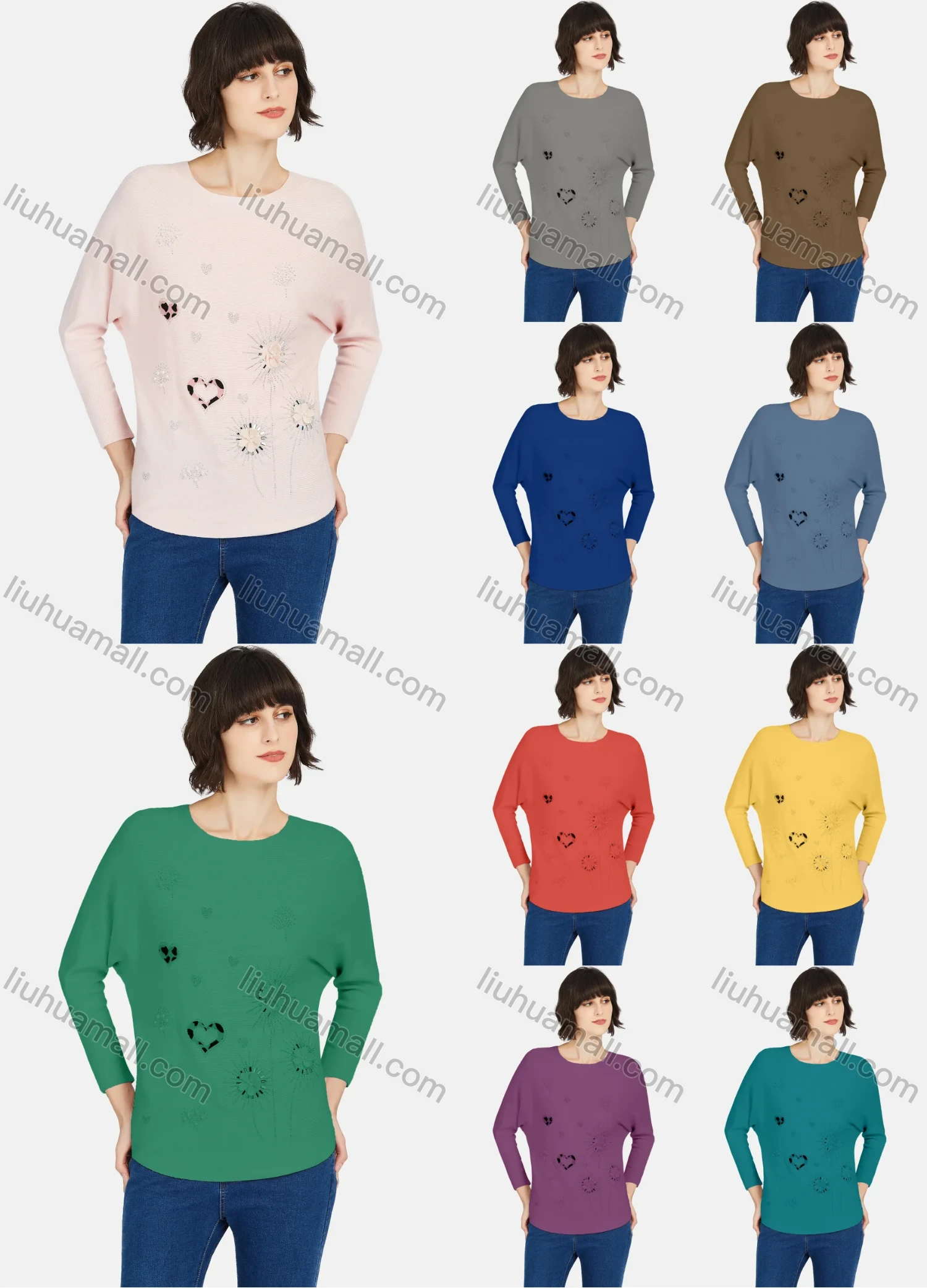 Wholesale Women's Casual Round Neck Long Sleeve Rhinestone Plain Knit Sweater - Liuhuamall