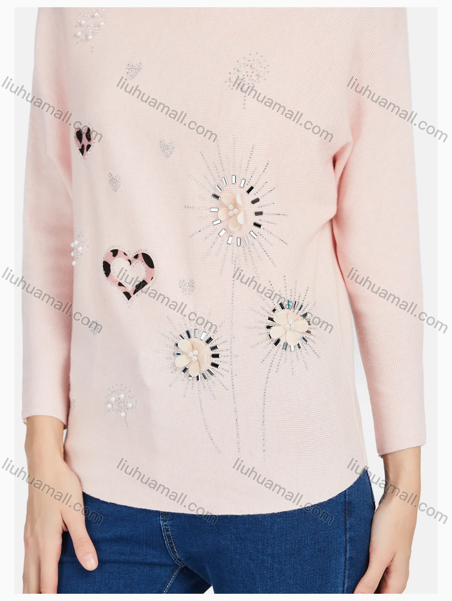 Wholesale Women's Casual Round Neck Long Sleeve Rhinestone Plain Knit Sweater - Liuhuamall