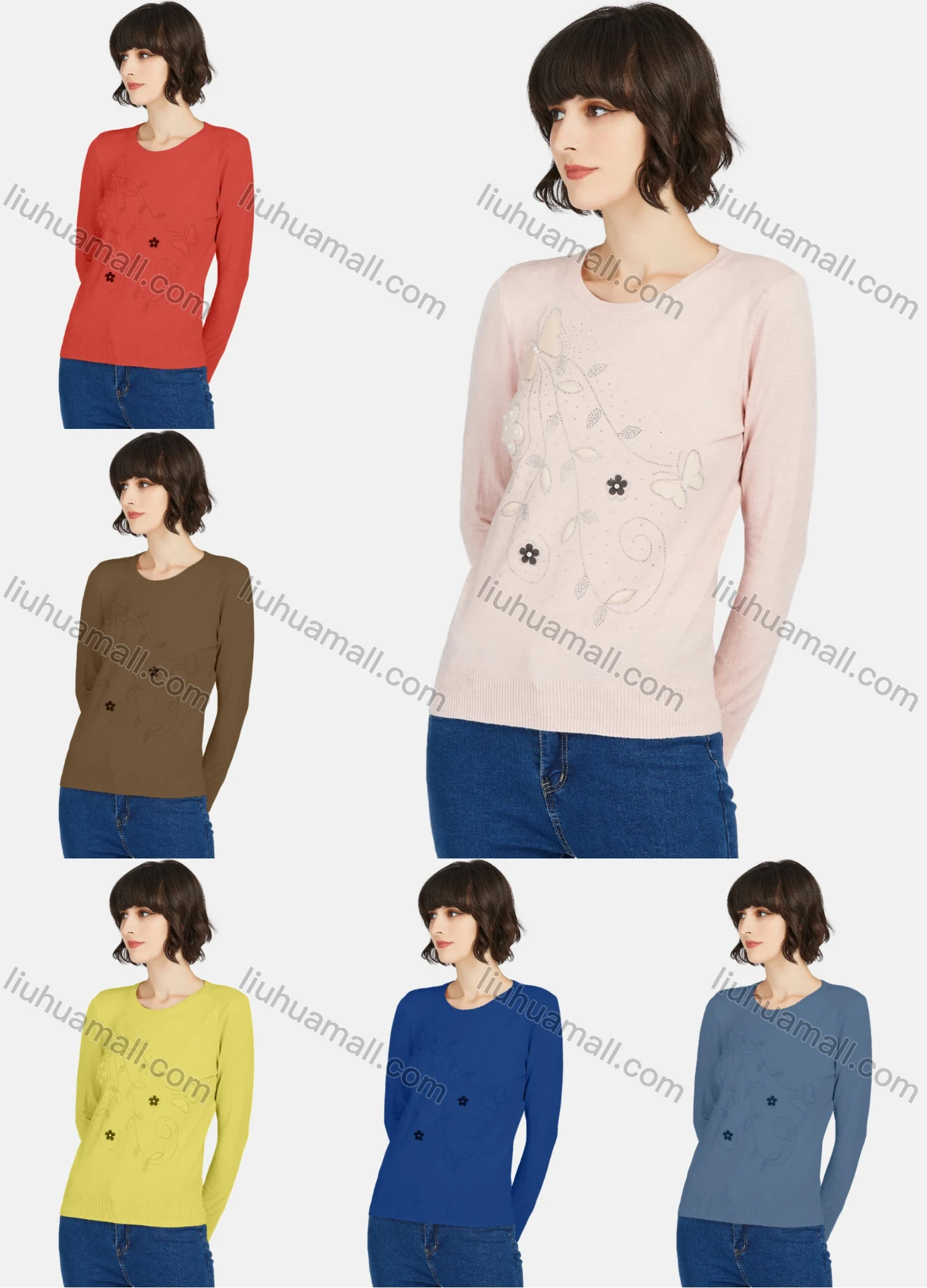 Wholesale Women's Casual Round Neck Long Sleeve Rhinestone Plain Knit Sweater - Liuhuamall