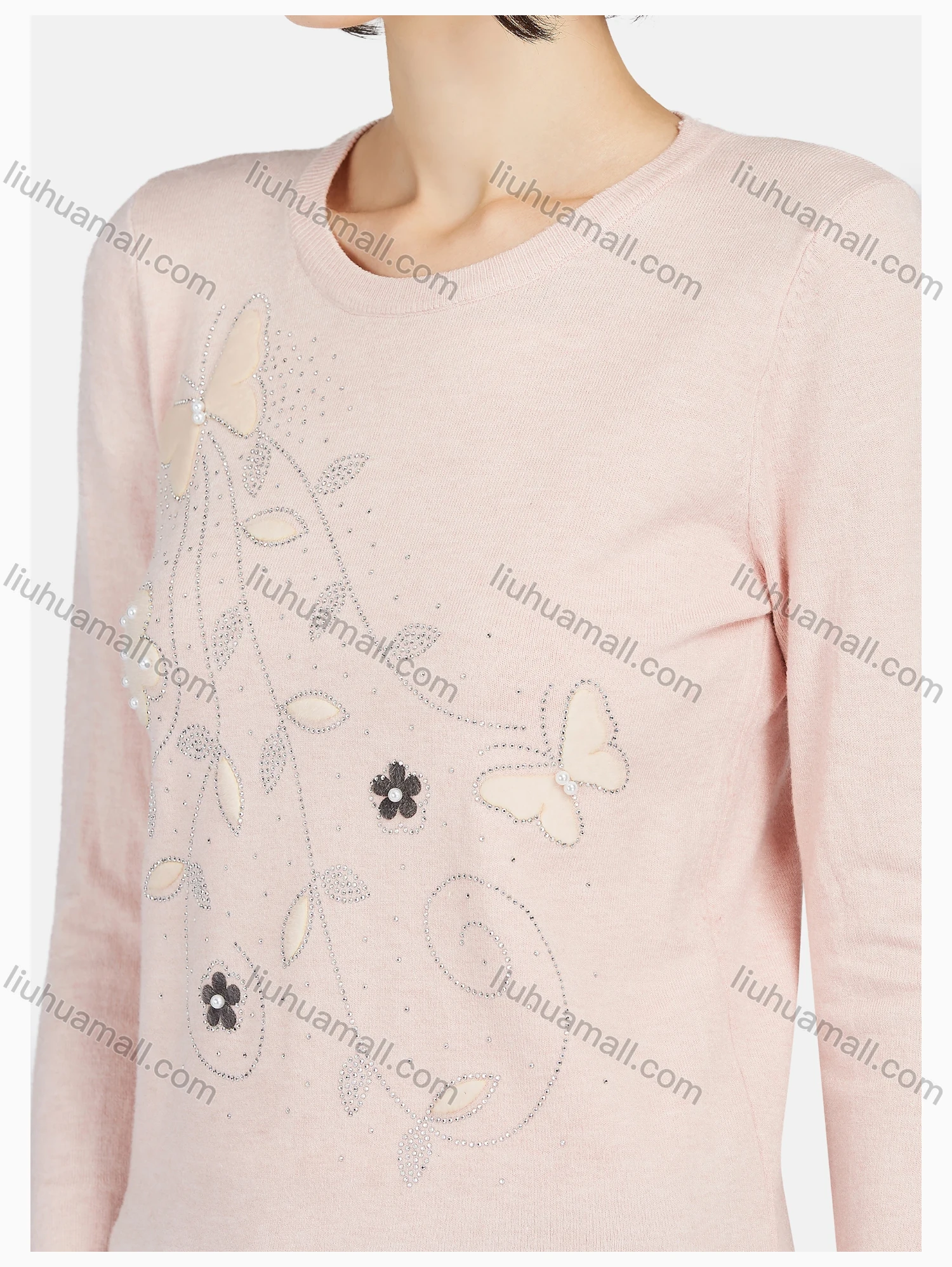 Wholesale Women's Casual Round Neck Long Sleeve Rhinestone Plain Knit Sweater - Liuhuamall