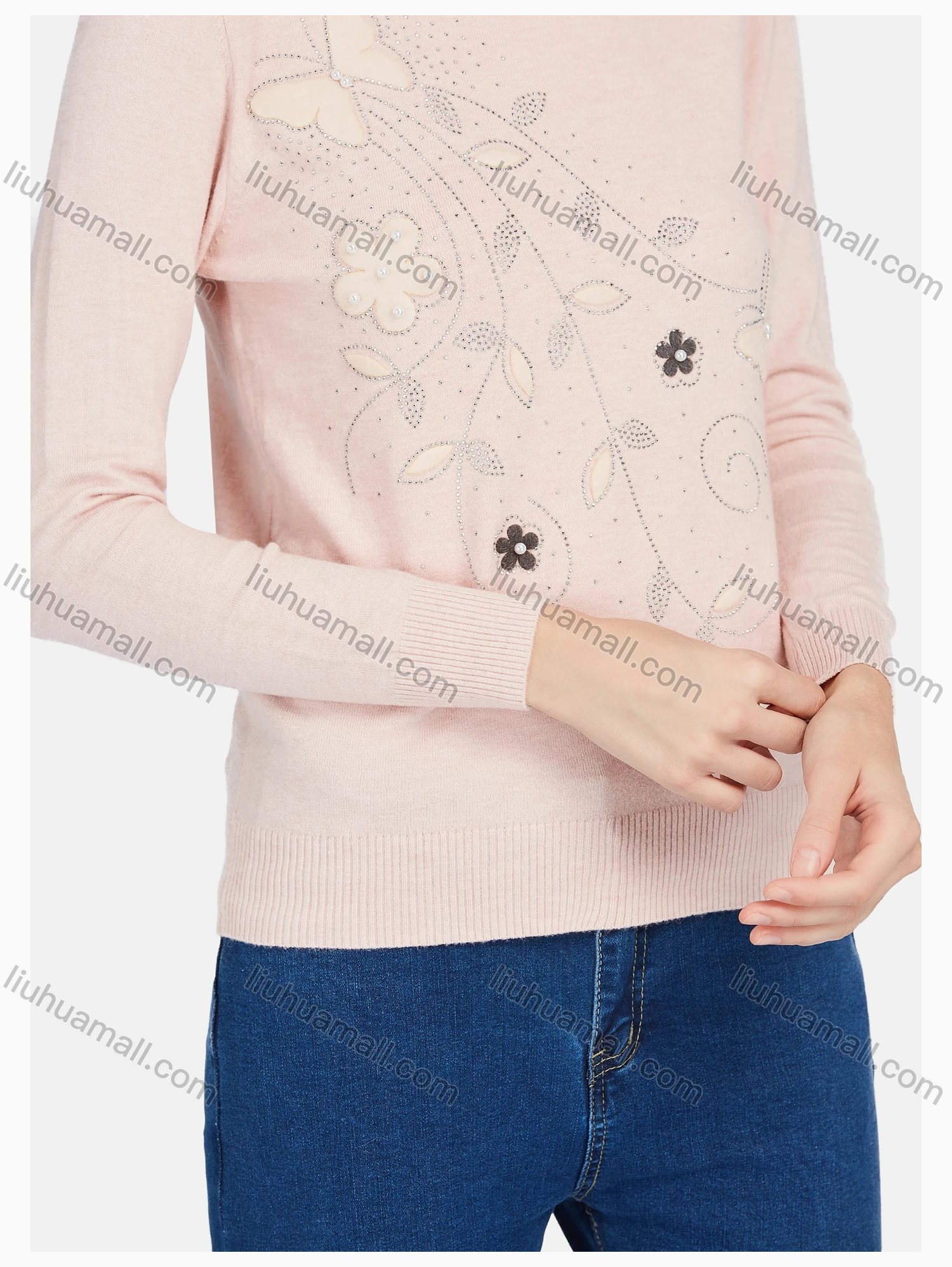 Wholesale Women's Casual Round Neck Long Sleeve Rhinestone Plain Knit Sweater - Liuhuamall