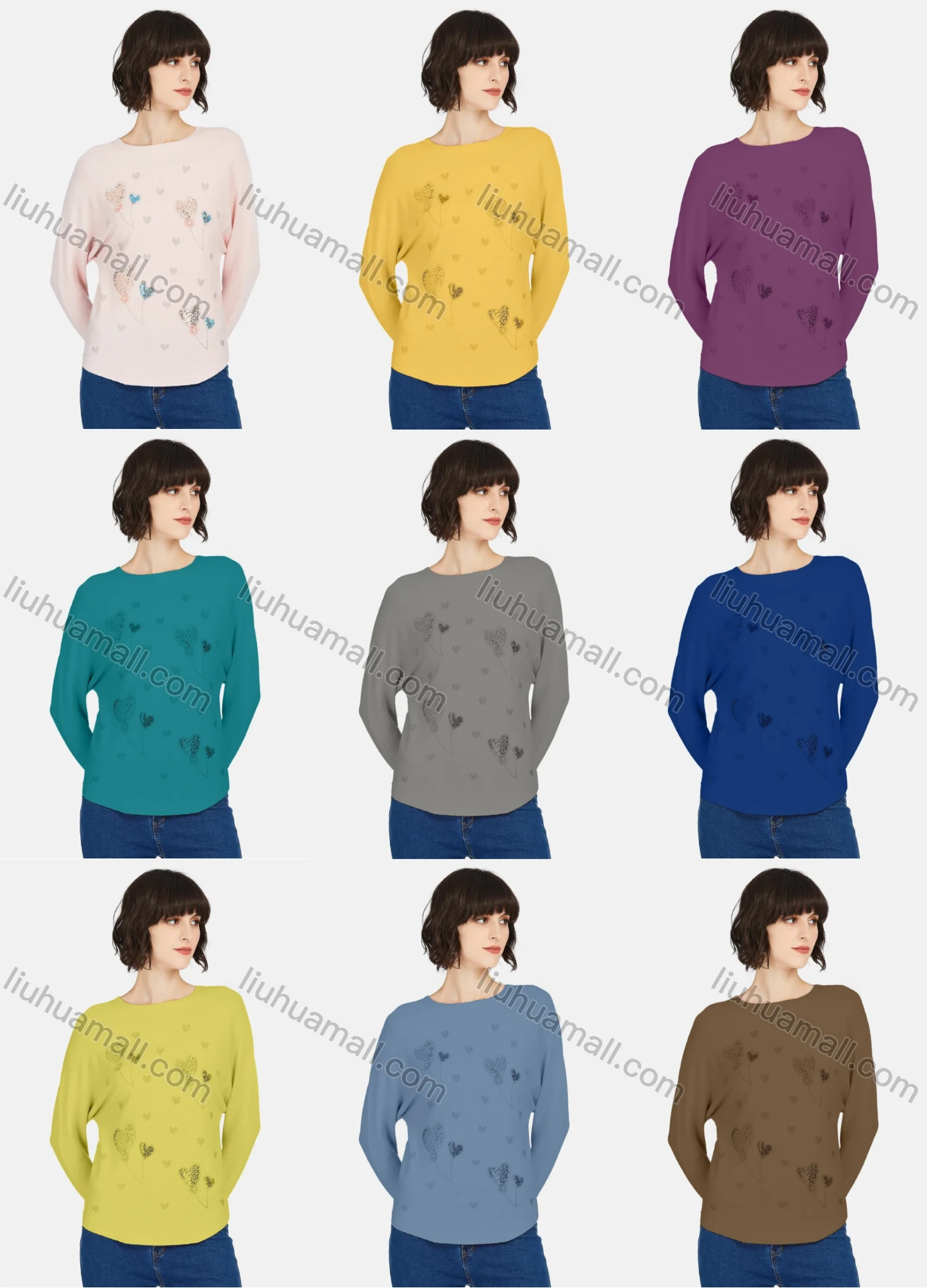 Wholesale Women's Casual Round Neck Long Sleeve Rhinestone Sequin Plain Knit Sweater - Liuhuamall