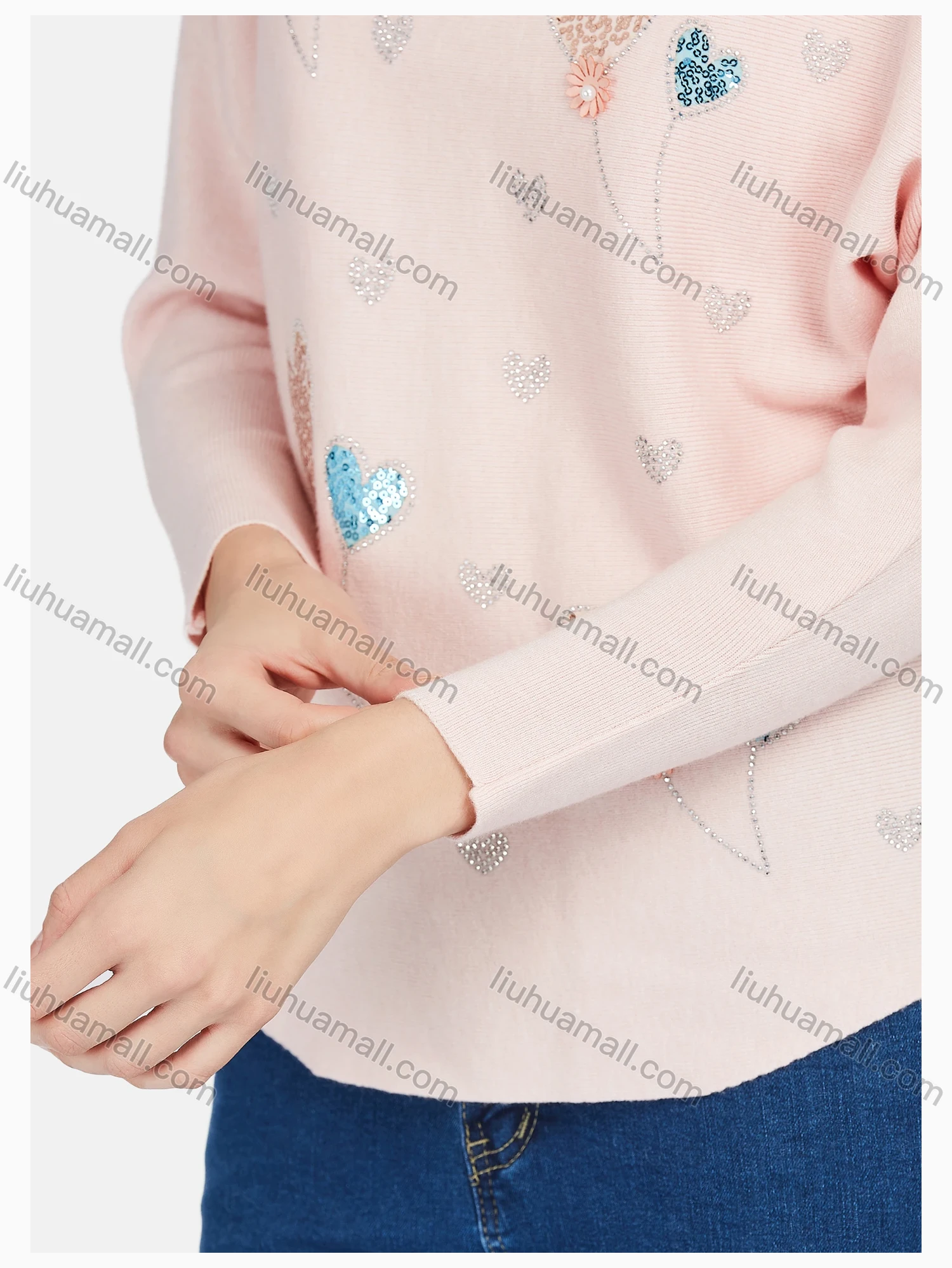 Wholesale Women's Casual Round Neck Long Sleeve Rhinestone Sequin Plain Knit Sweater - Liuhuamall