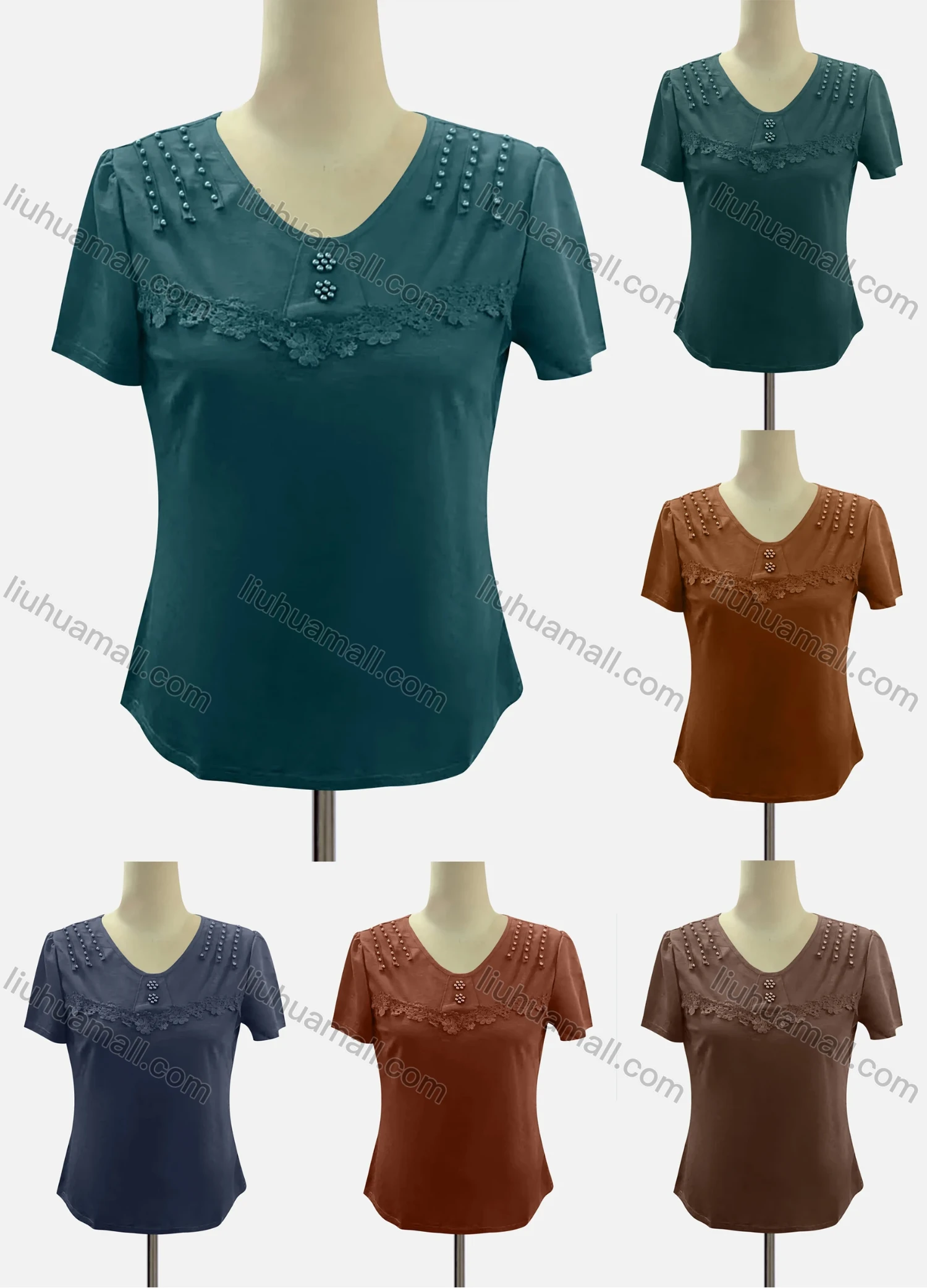 Wholesale Women's Casual V Neck Short Sleeve Beaded Appliques Blouse - Liuhuamall