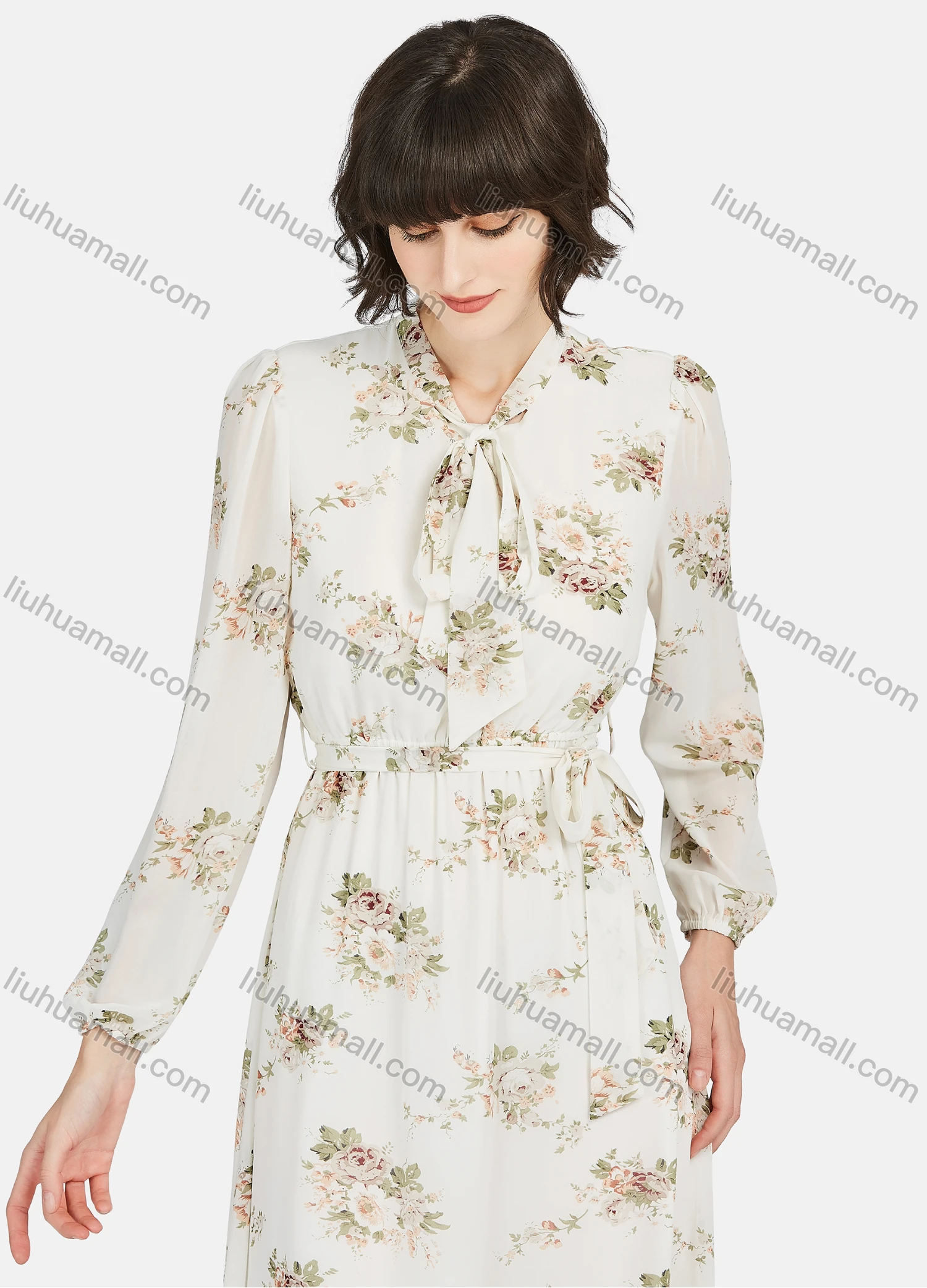 Wholesale Women's Casual Floral Print Tie Neck Long Sleeve Tie Side Ruffle Hem Midi Dress - Liuhuamall