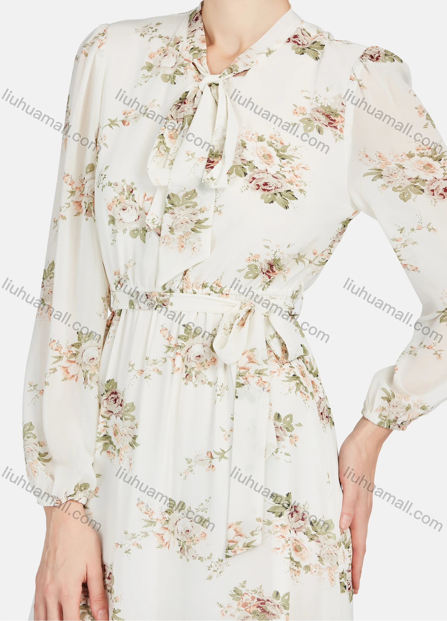 Wholesale Women's Casual Floral Print Tie Neck Long Sleeve Tie Side Ruffle Hem Midi Dress - Liuhuamall