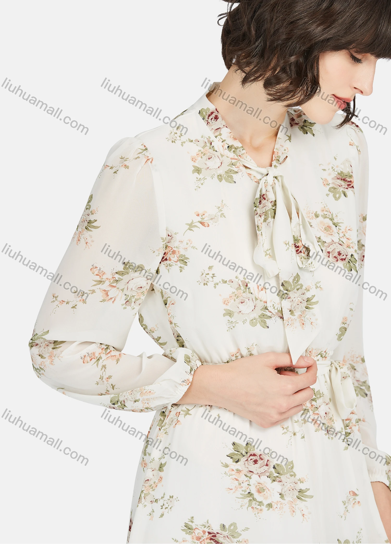 Wholesale Women's Casual Floral Print Tie Neck Long Sleeve Tie Side Ruffle Hem Midi Dress - Liuhuamall