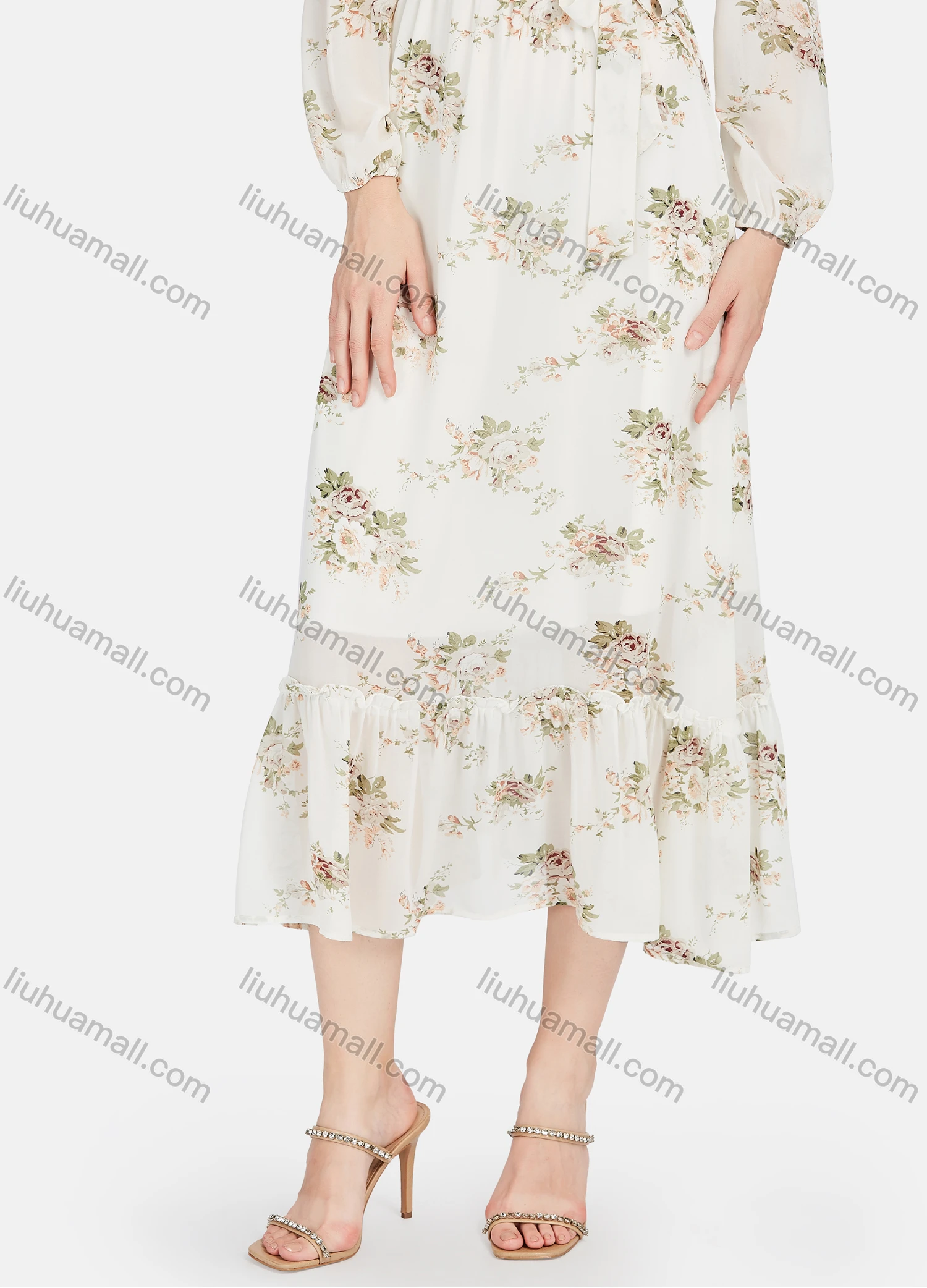 Wholesale Women's Casual Floral Print Tie Neck Long Sleeve Tie Side Ruffle Hem Midi Dress - Liuhuamall