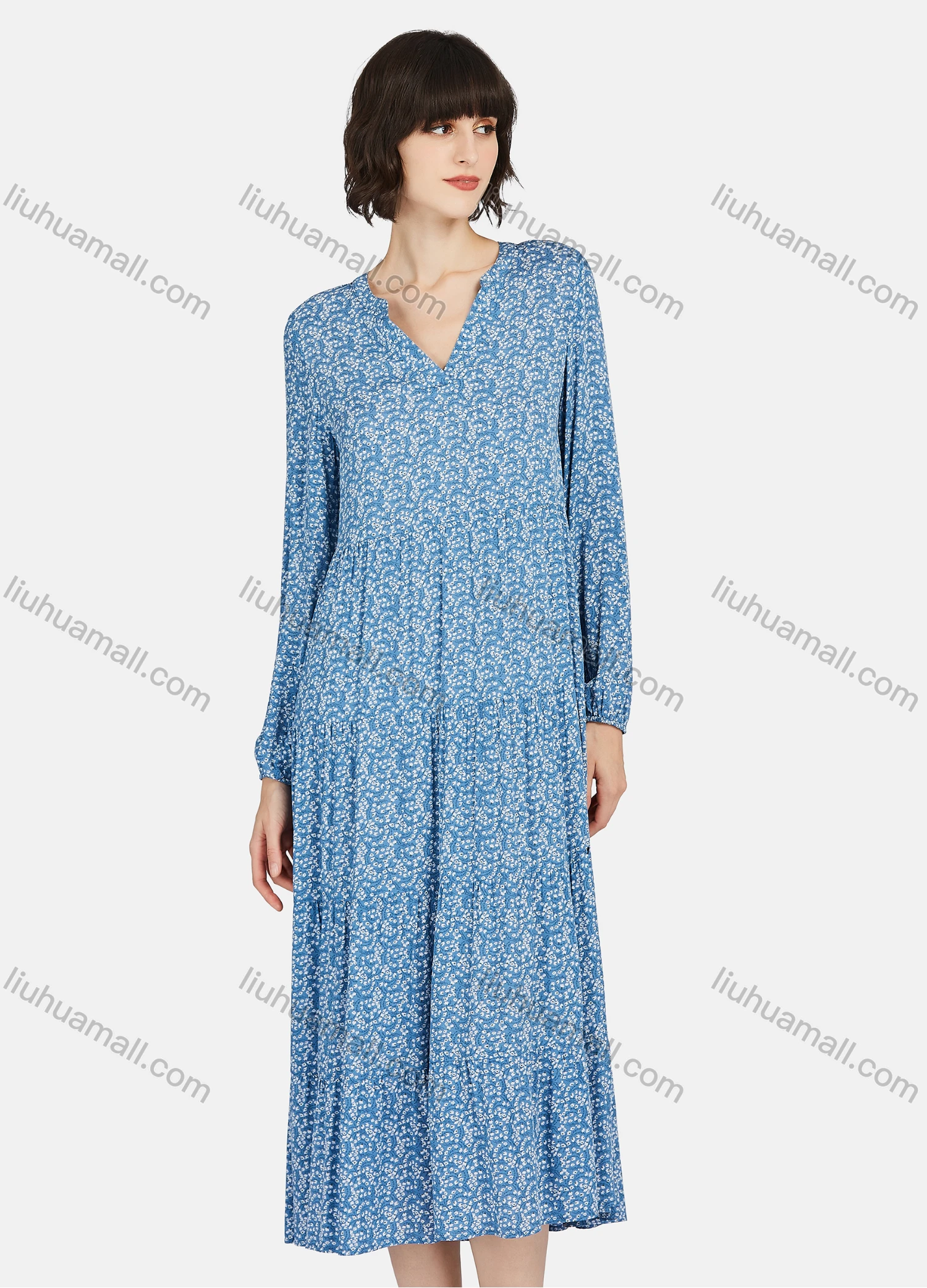 Wholesale Women's Casual Floral Print V Neck Long Sleeve Ruffle Hem Midi Dress - Liuhuamall