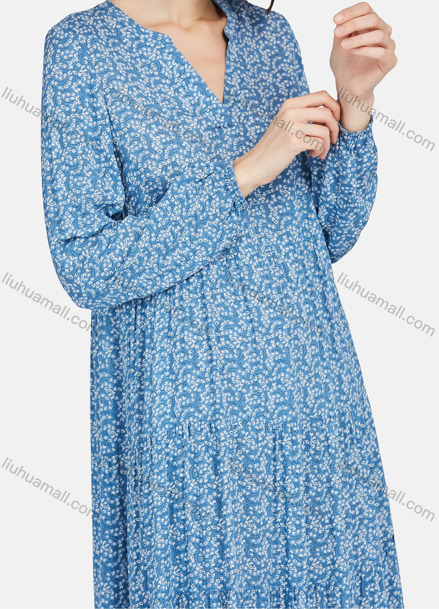 Wholesale Women's Casual Floral Print V Neck Long Sleeve Ruffle Hem Midi Dress - Liuhuamall