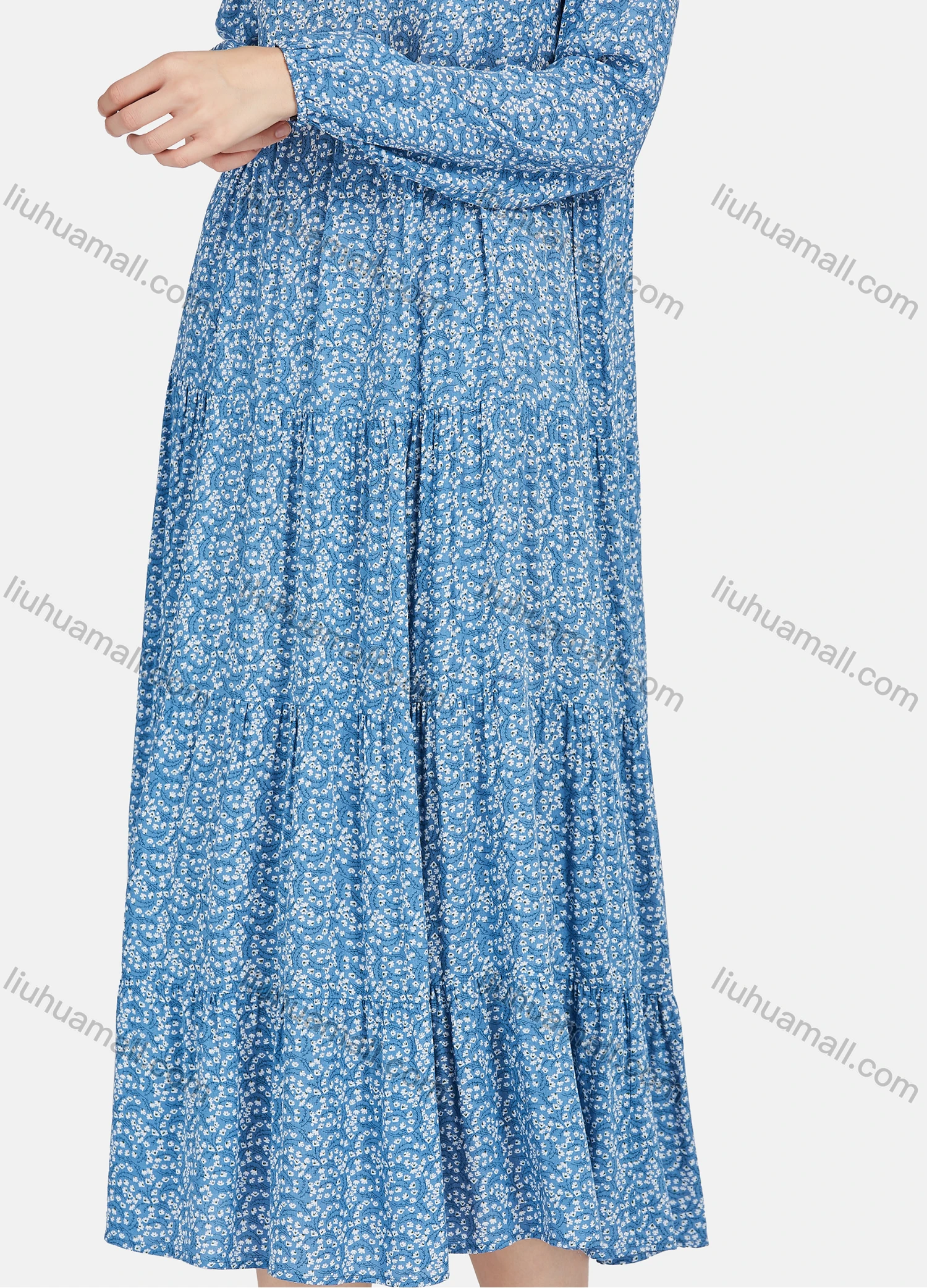 Wholesale Women's Casual Floral Print V Neck Long Sleeve Ruffle Hem Midi Dress - Liuhuamall