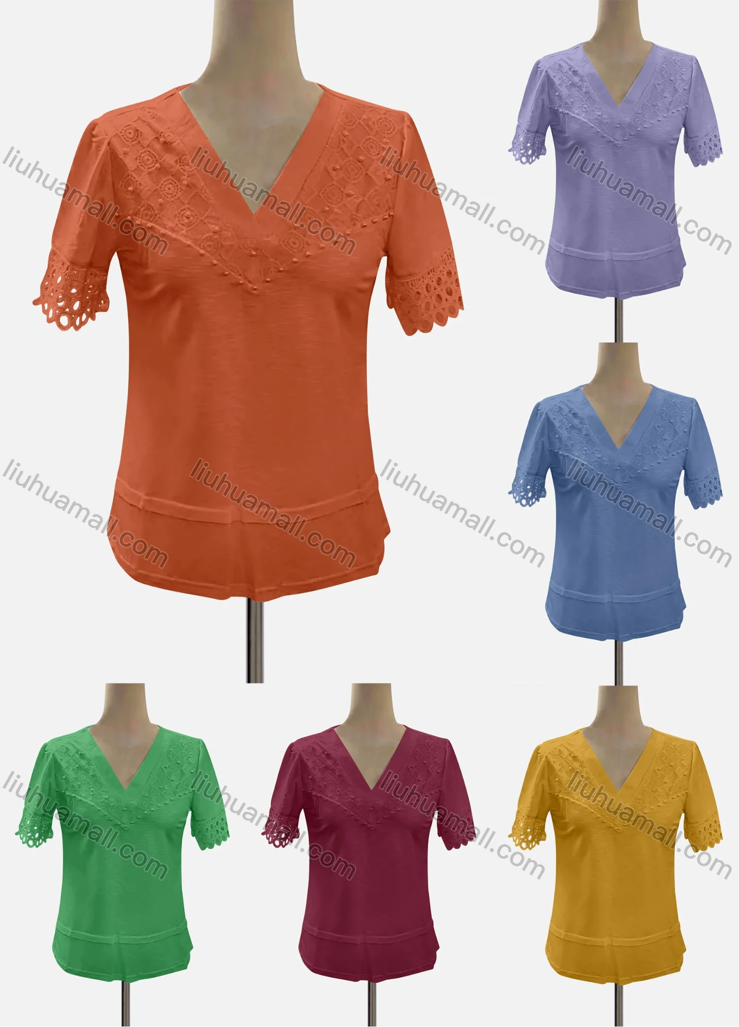 Wholesale Women's Casual V Neck Short Sleeve Eyelet Embroidered Blouse - Liuhuamall