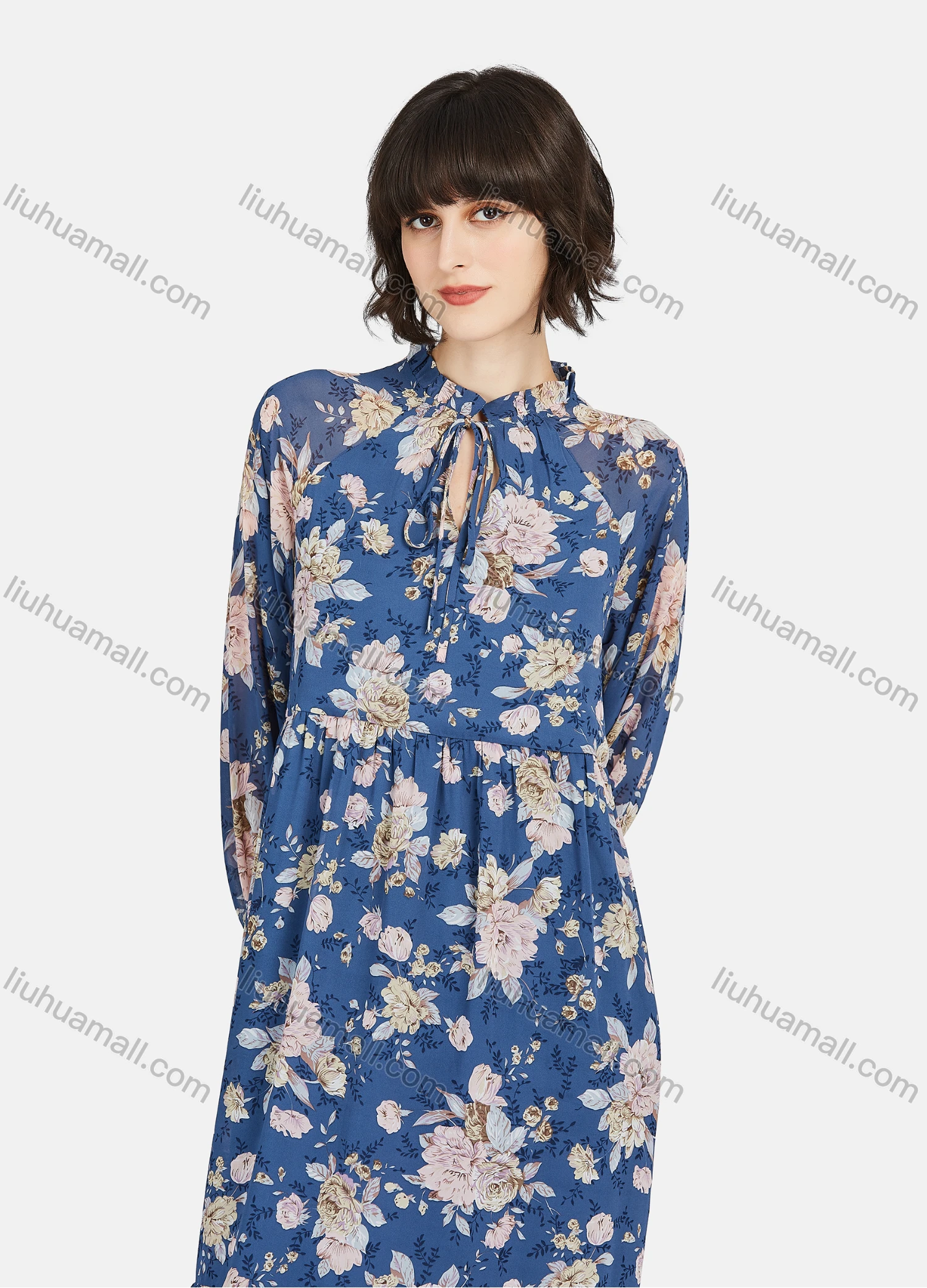 Wholesale Women's Casual Floral Print Tie Neck Poet Sleeve Ruffle Hem Midi Dress - Liuhuamall
