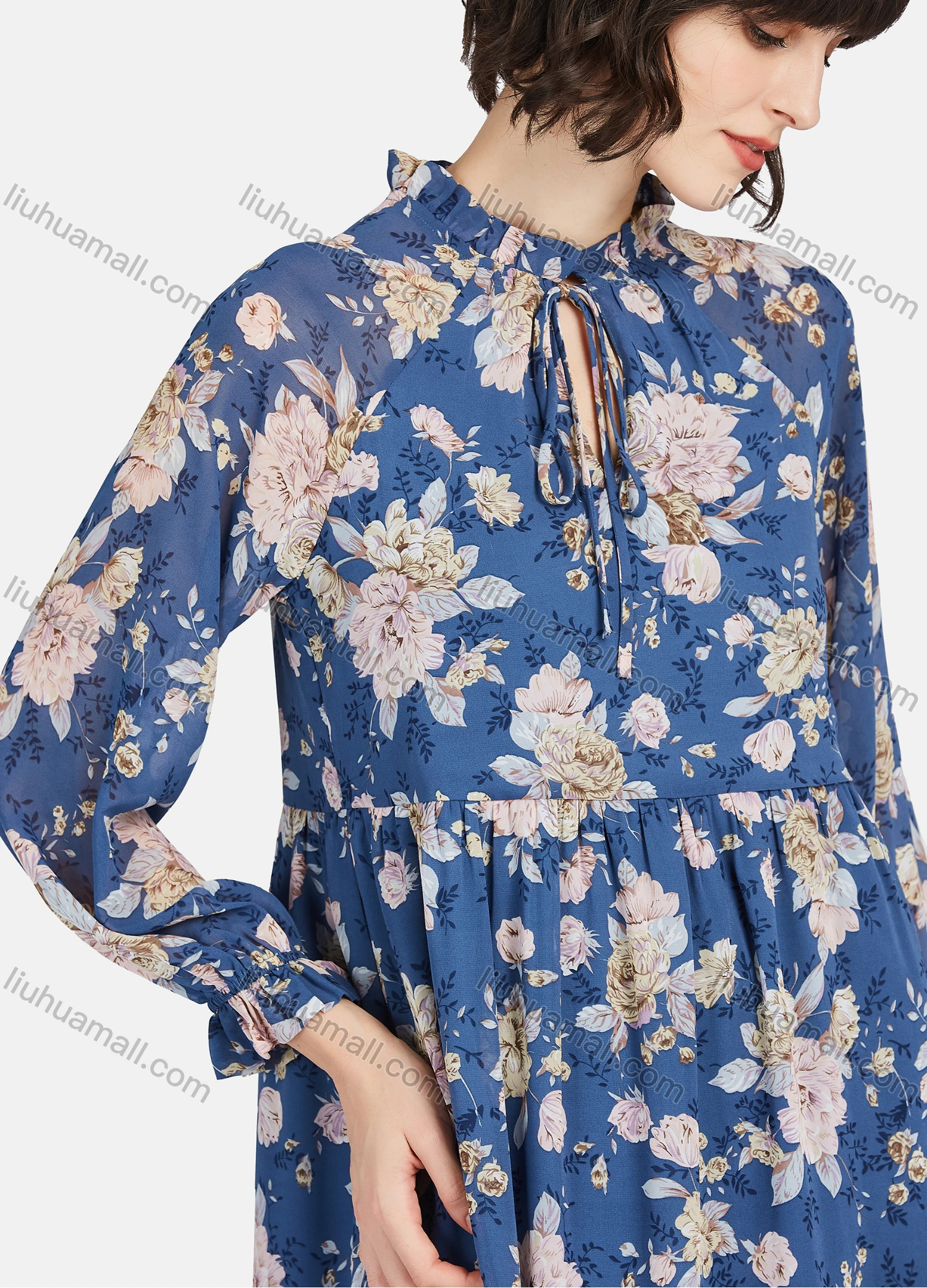 Wholesale Women's Casual Floral Print Tie Neck Poet Sleeve Ruffle Hem Midi Dress - Liuhuamall