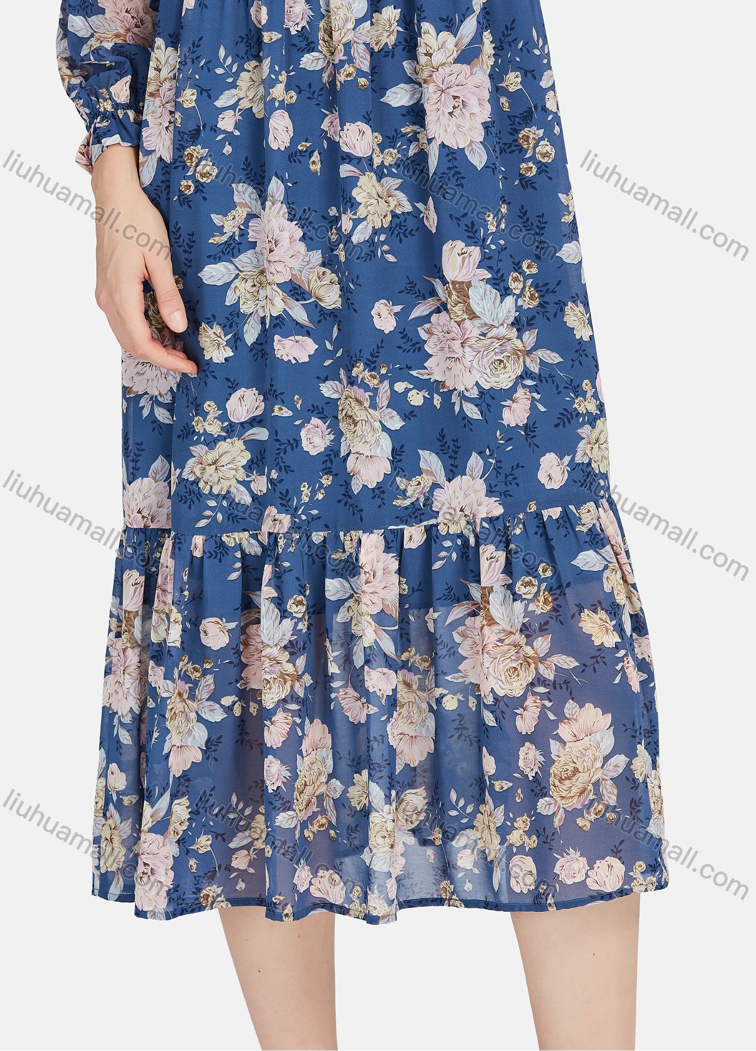 Wholesale Women's Casual Floral Print Tie Neck Poet Sleeve Ruffle Hem Midi Dress - Liuhuamall