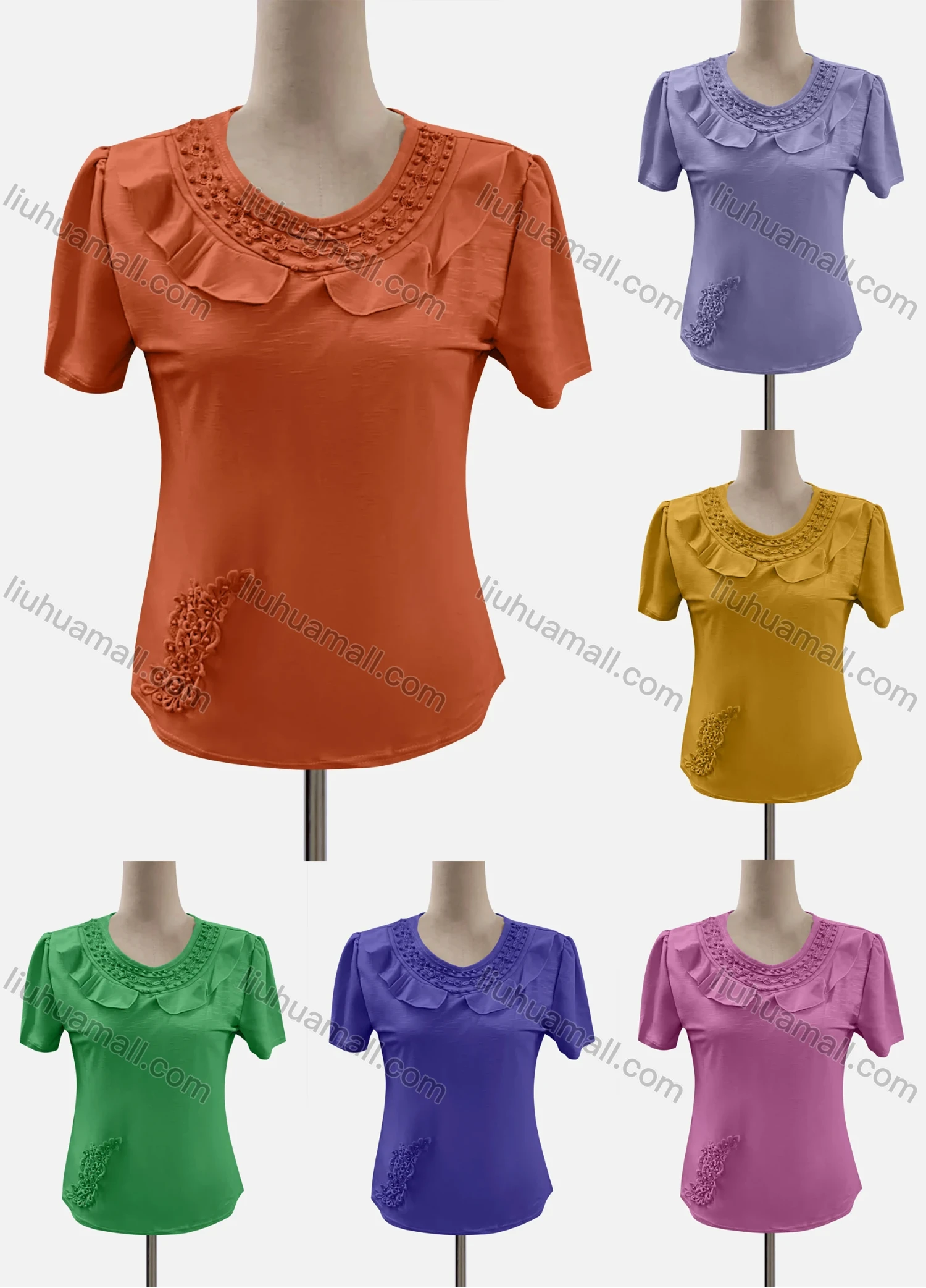 Wholesale Women's Casual Crew Neck Short Sleeve Ruffle Trim Appliques Blouse - Liuhuamall