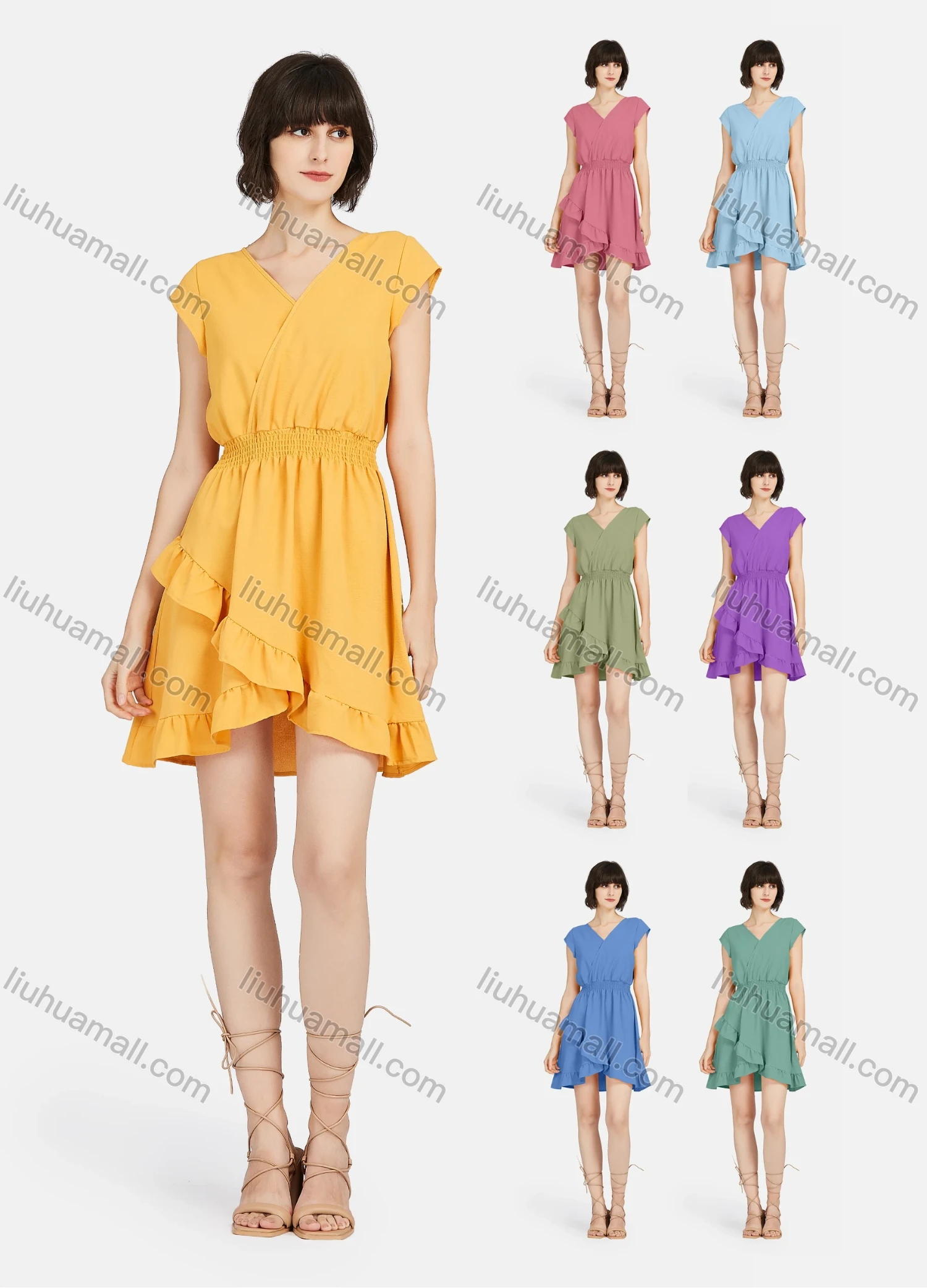Wholesale Women's Casual Wrap V Neck Cap Sleeve Ruffle Hem Plain Short Dress - Liuhuamall