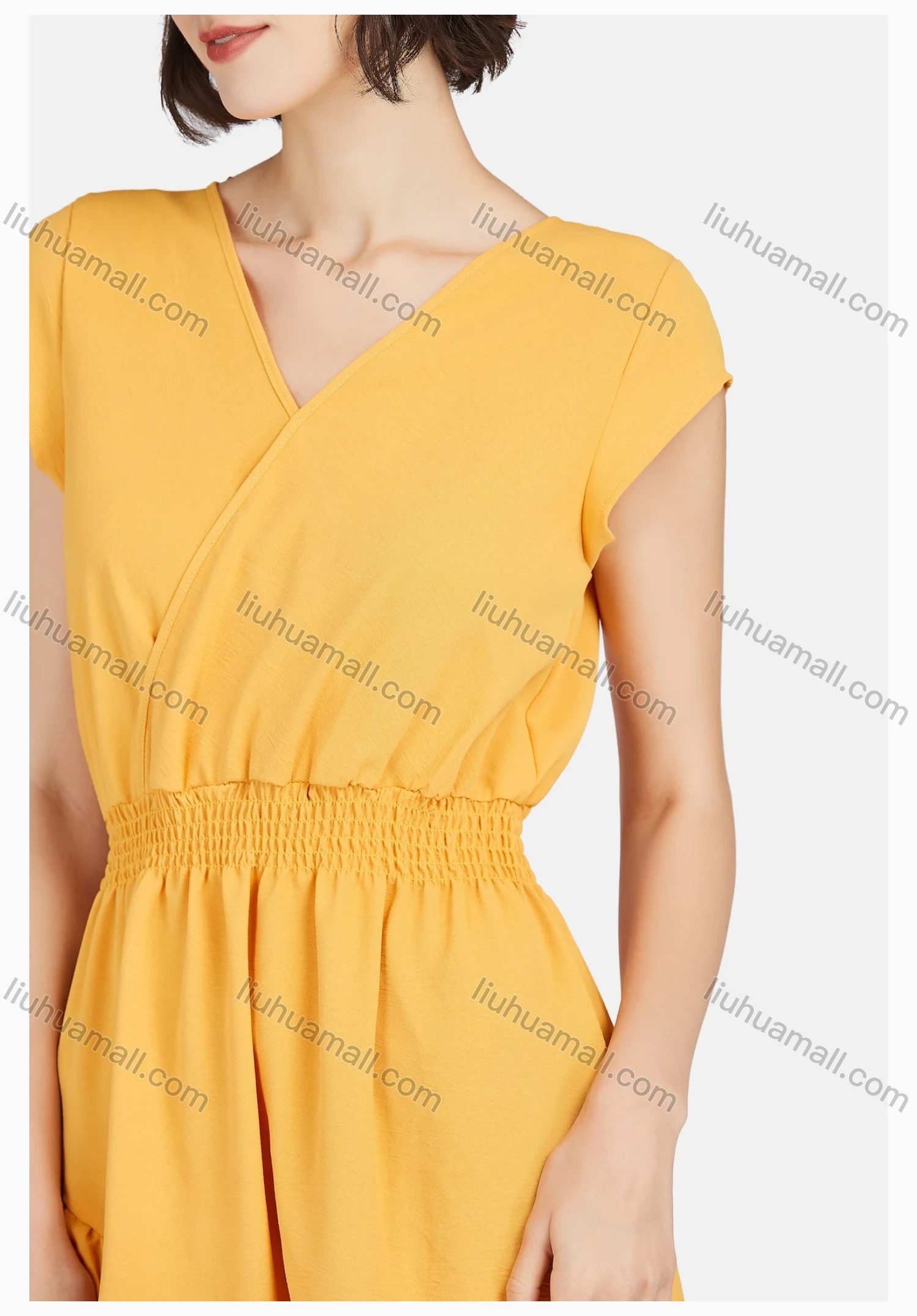 Wholesale Women's Casual Wrap V Neck Cap Sleeve Ruffle Hem Plain Short Dress - Liuhuamall
