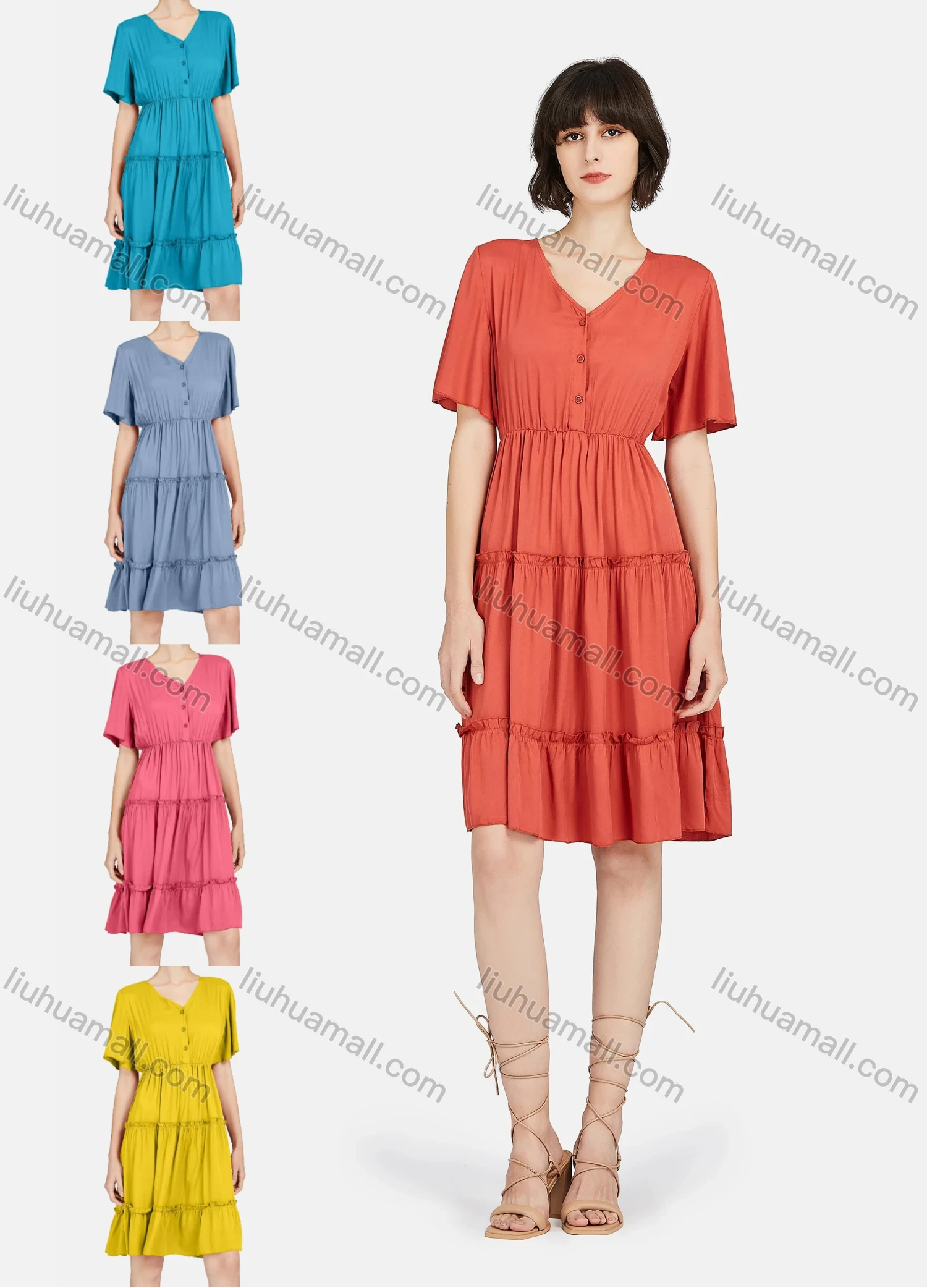 Wholesale Women's Casual Butterfly Sleeve Ruffle Trim Button Front Plain Short Dress - Liuhuamall