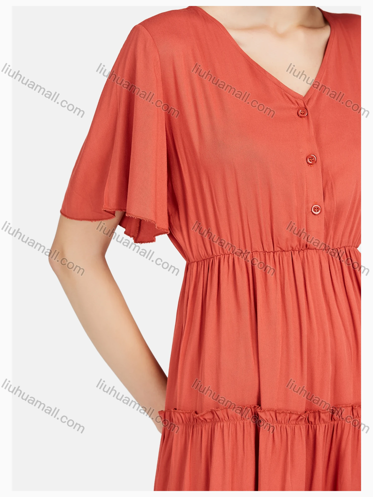 Wholesale Women's Casual Butterfly Sleeve Ruffle Trim Button Front Plain Short Dress - Liuhuamall