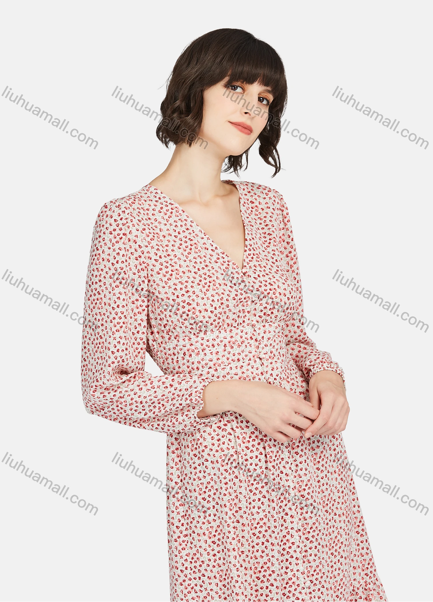 Wholesale Women's Casual Allover Print Button Front Long Sleeve Ruffle Hem Midi Dress - Liuhuamall