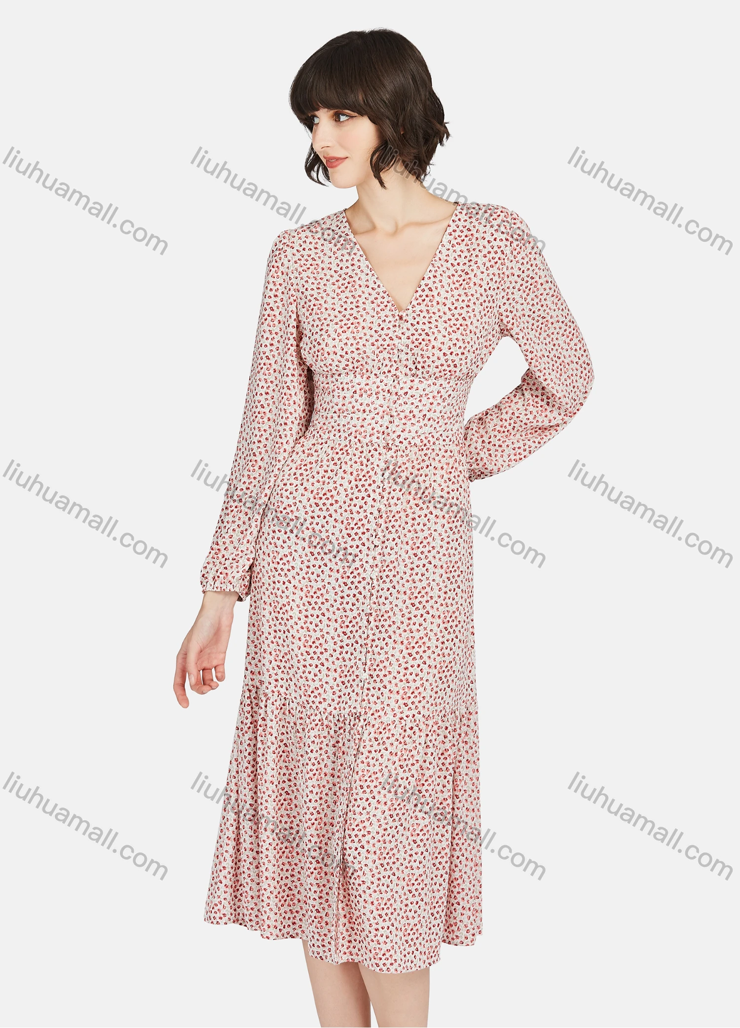 Wholesale Women's Casual Allover Print Button Front Long Sleeve Ruffle Hem Midi Dress - Liuhuamall