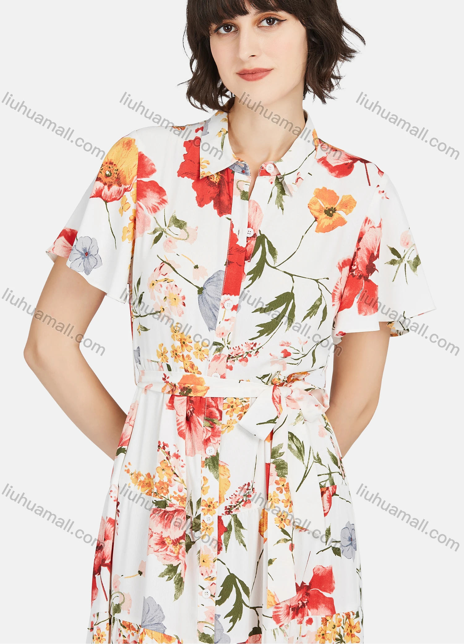 Wholesale Women's Casual Floral Print Button Front Short Sleeve Tie Front Ruffle Hem Midi Dress - Liuhuamall