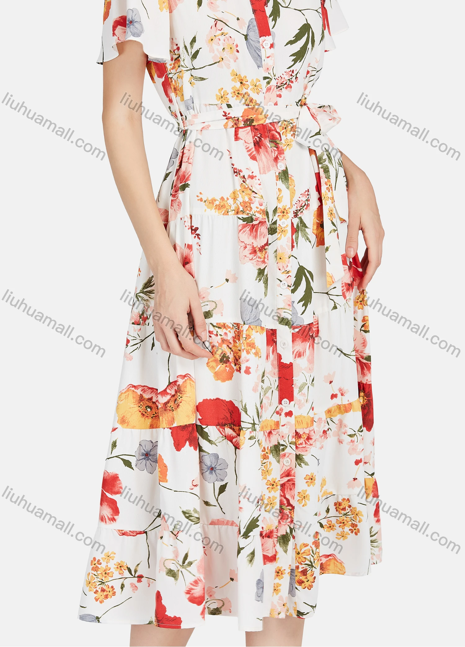 Wholesale Women's Casual Floral Print Button Front Short Sleeve Tie Front Ruffle Hem Midi Dress - Liuhuamall