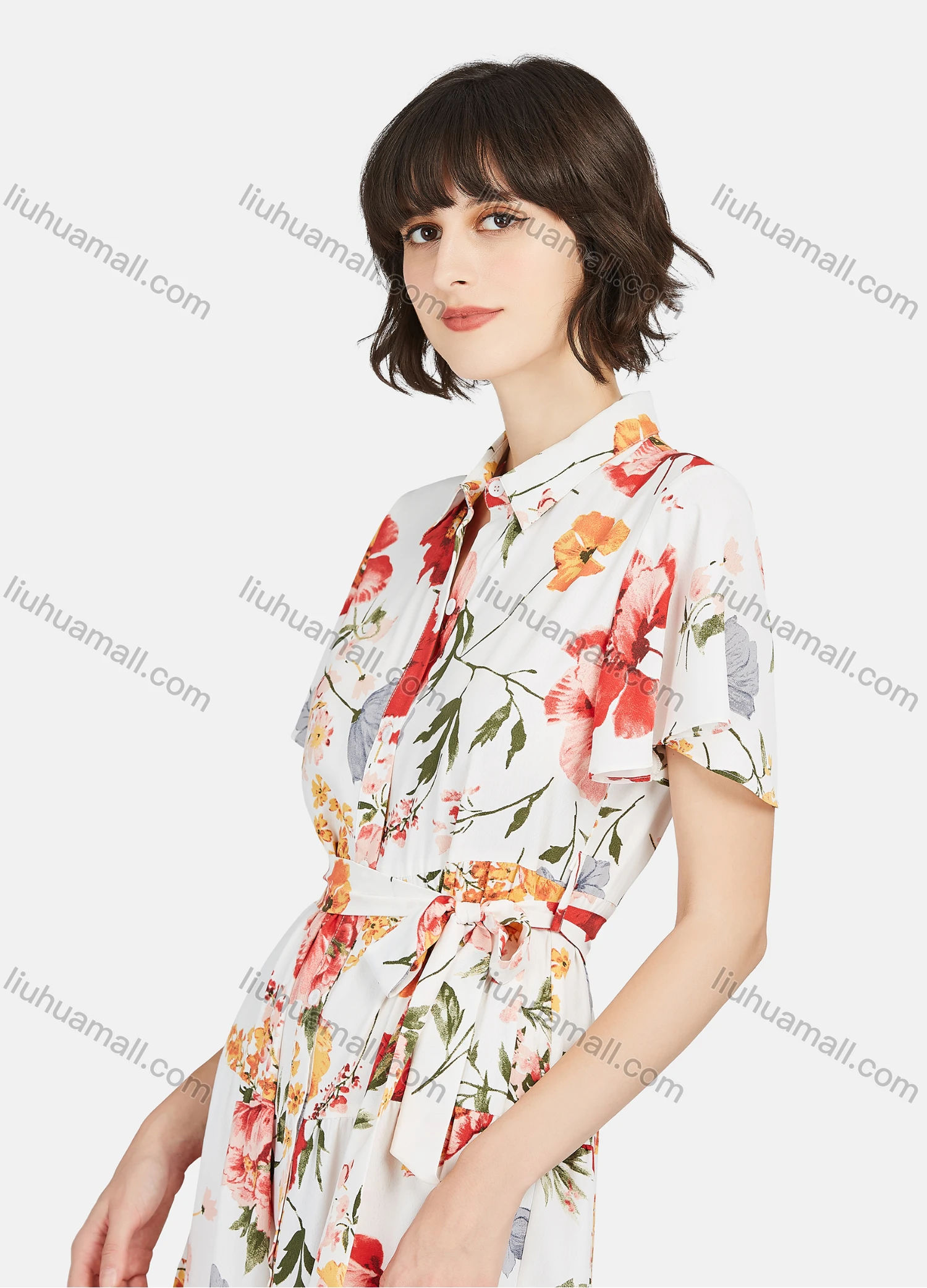 Wholesale Women's Casual Floral Print Button Front Short Sleeve Tie Front Ruffle Hem Midi Dress - Liuhuamall