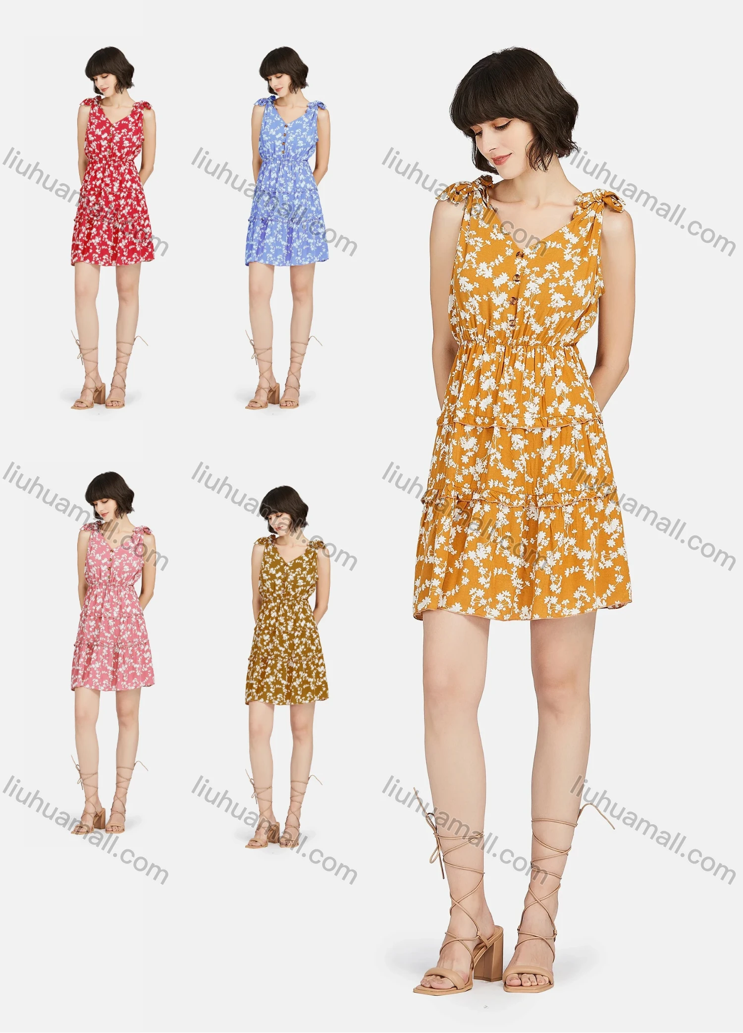 Wholesale Women's Casual Button Front Tie Floral Print Ruched Ruffle Hem Tank Dress - Liuhuamall