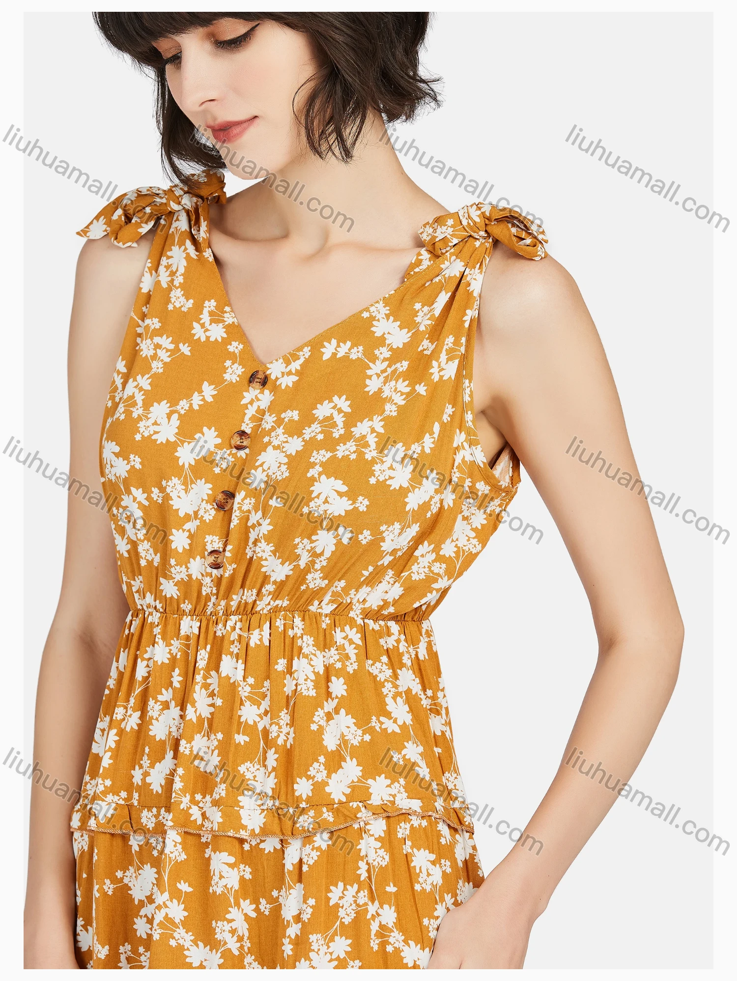 Wholesale Women's Casual Button Front Tie Floral Print Ruched Ruffle Hem Tank Dress - Liuhuamall