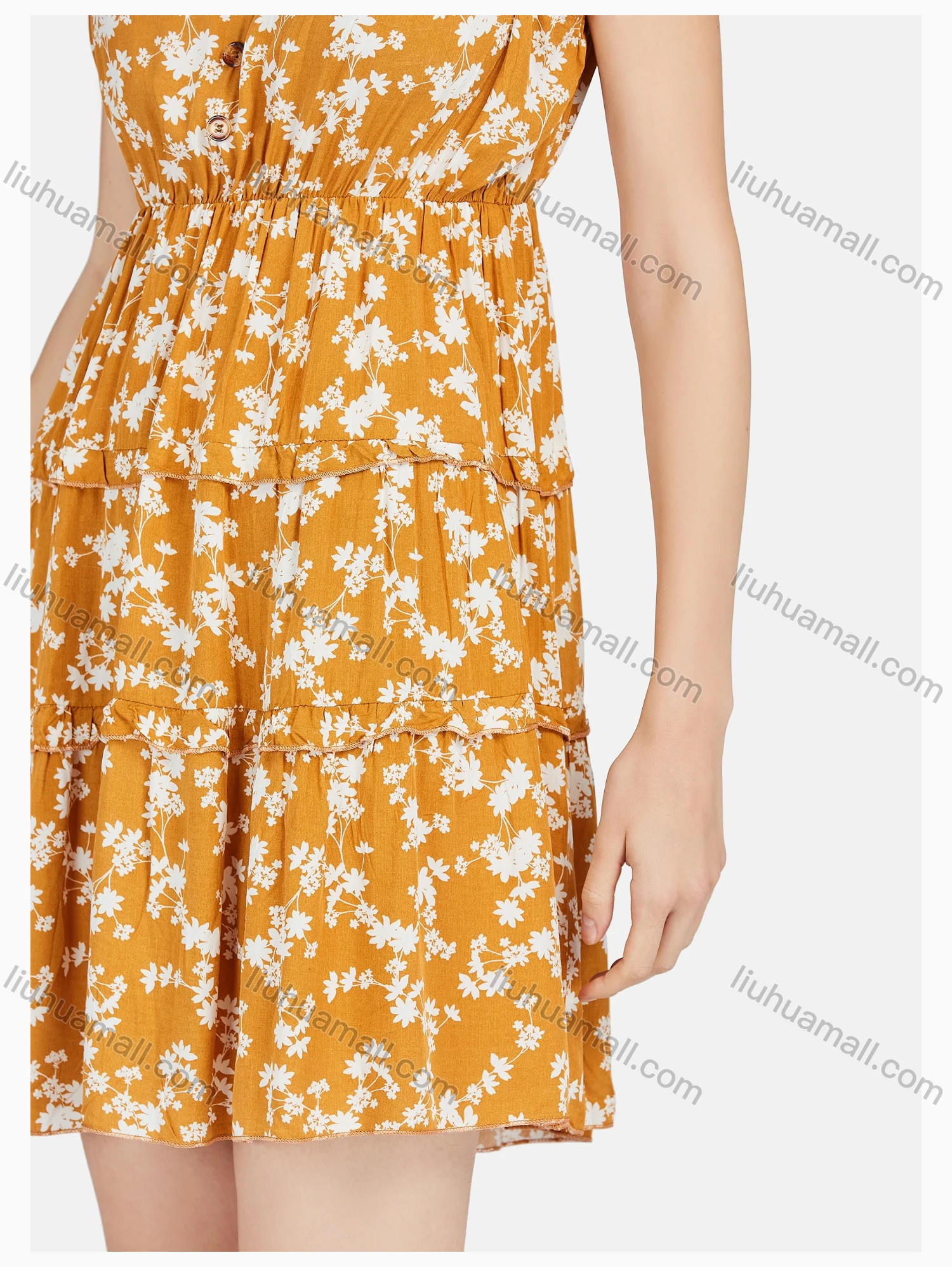 Wholesale Women's Casual Button Front Tie Floral Print Ruched Ruffle Hem Tank Dress - Liuhuamall