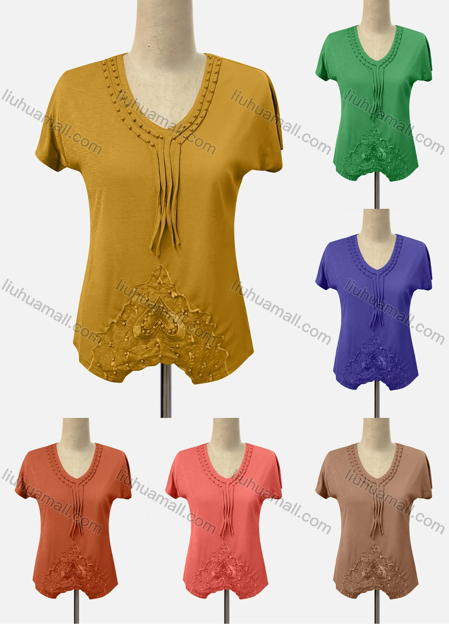 Wholesale Women's Casual V Neck Short Sleeve Beaded Appliques Blouse - Liuhuamall