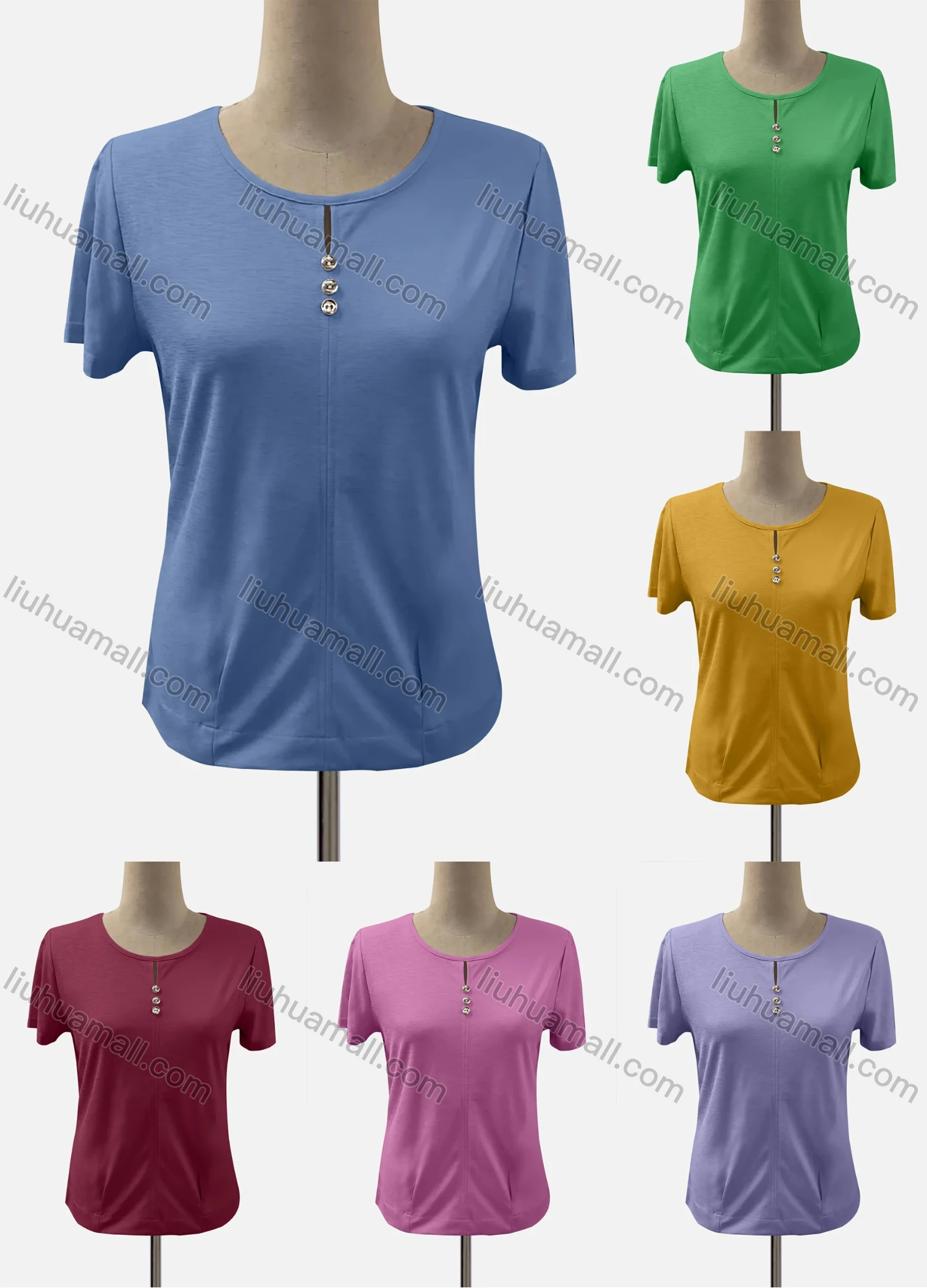 Wholesale Women's Casual Keyhole Neck Short Sleeve Button Decor Blouse - Liuhuamall