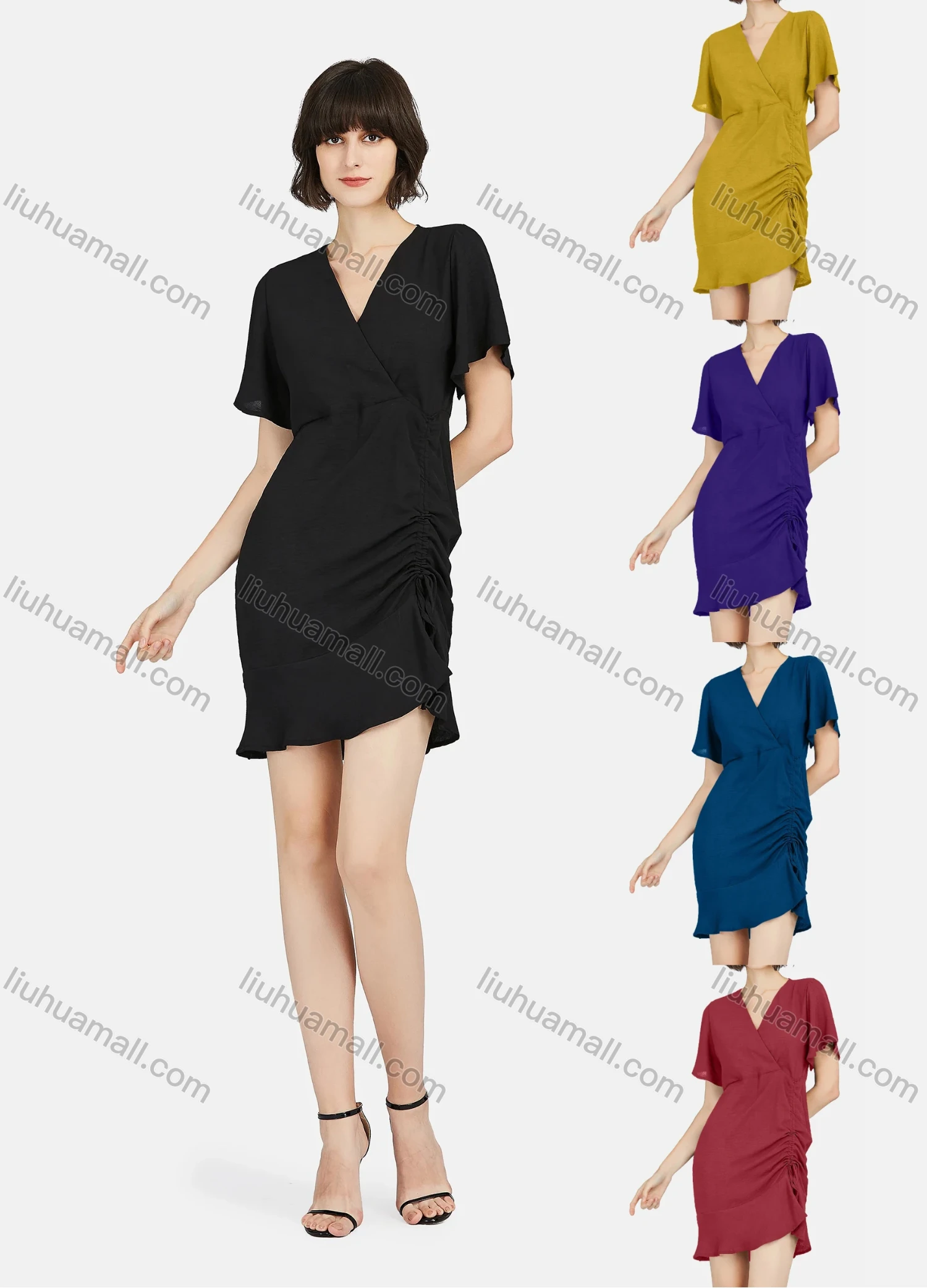 Wholesale Women's Casual Butterfly Sleeve Drawstring Plain Ruched Short Dress - Liuhuamall